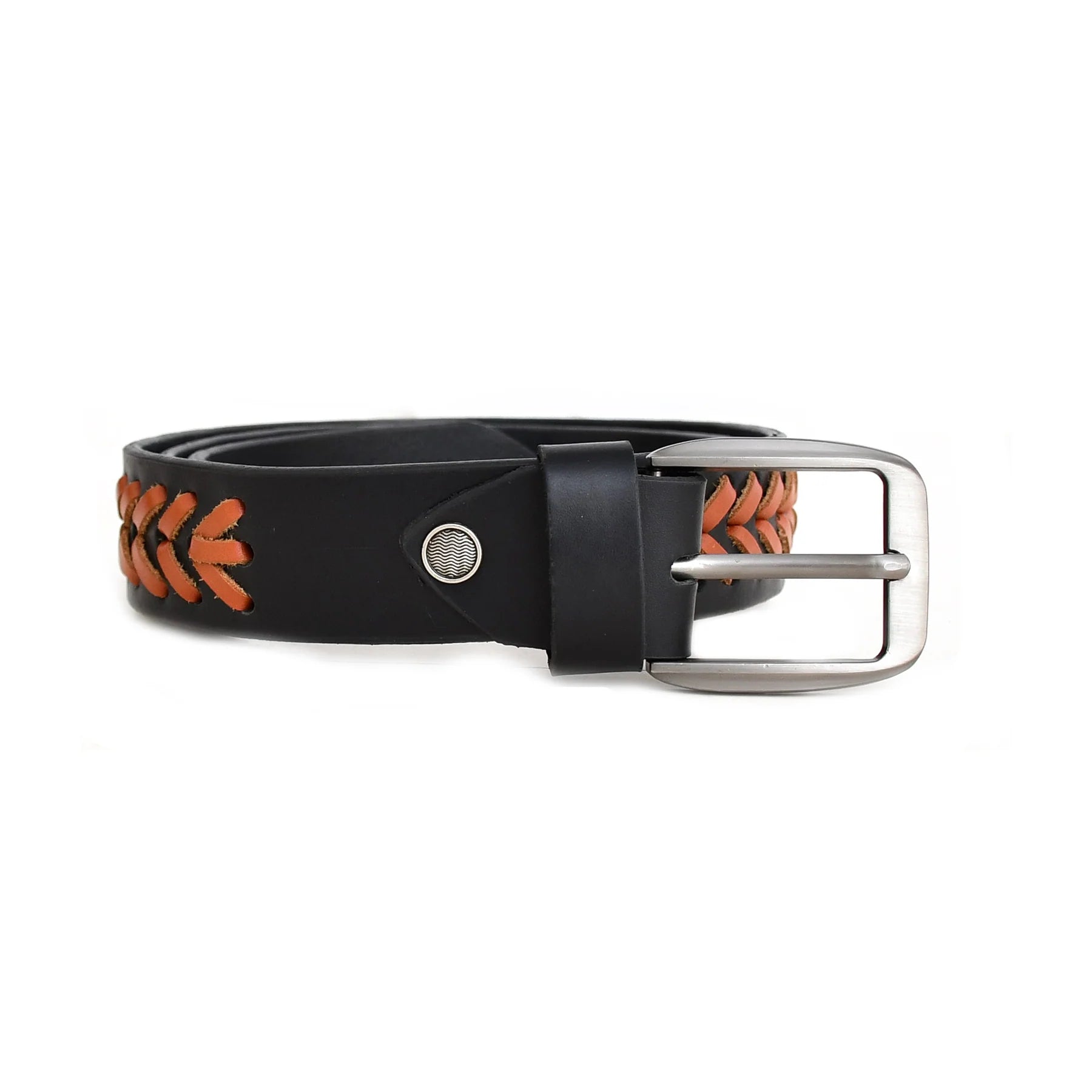 Black Double-Layer Genuine Leather Braided Belt with Tan Lacing