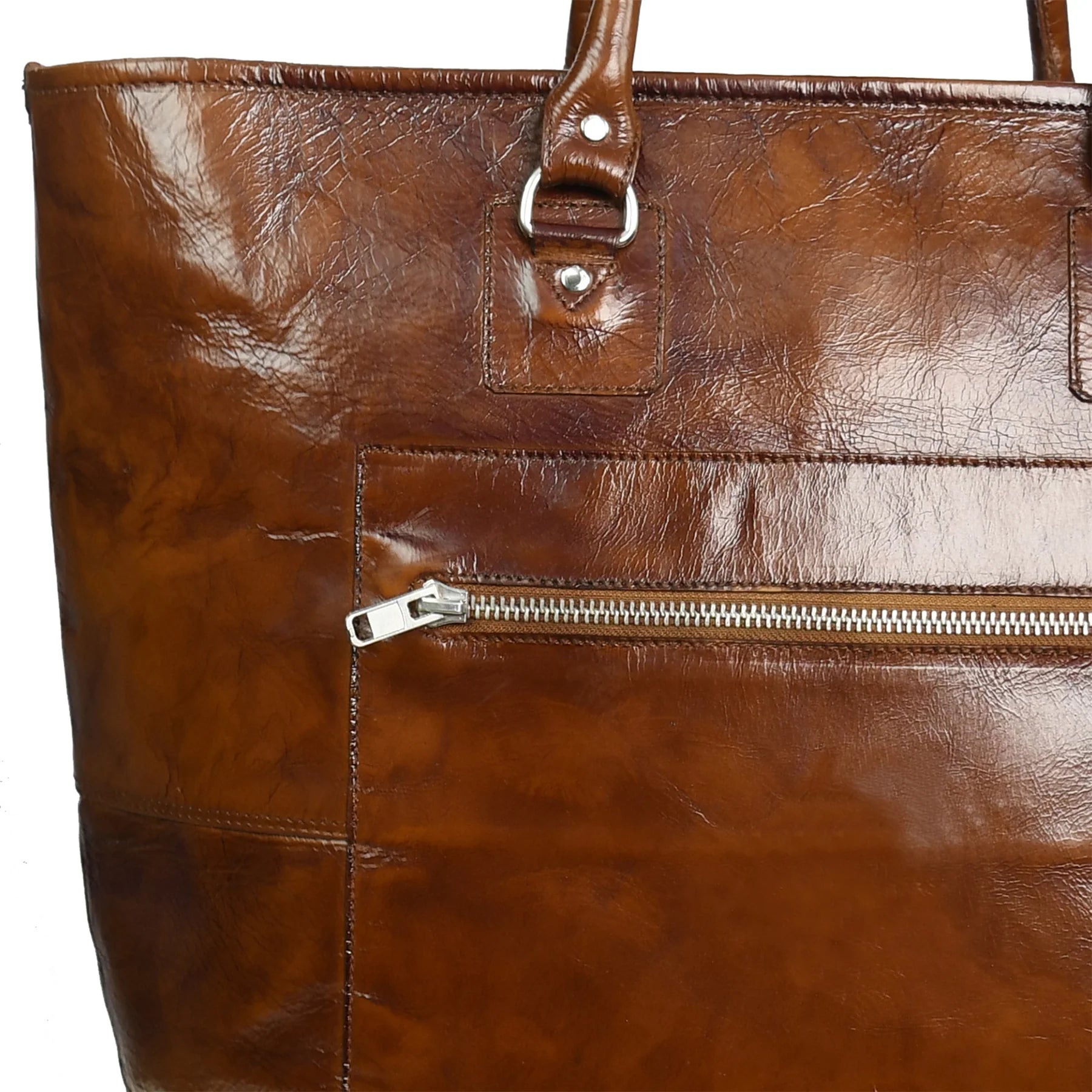 Premium Genuine Leather Women’s Tan Tote Bag with Zip Pocket