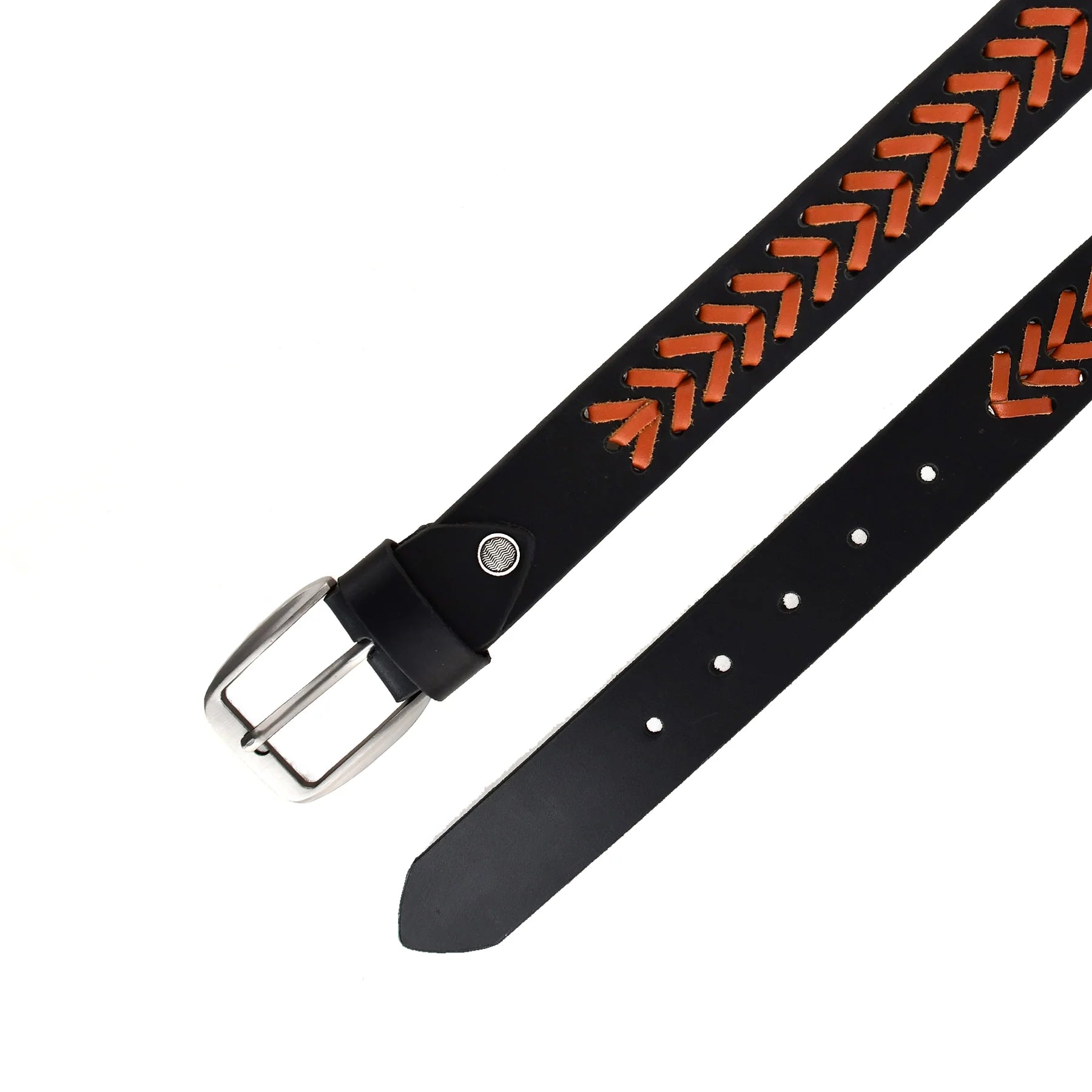 Black Double-Layer Genuine Leather Braided Belt with Tan Lacing