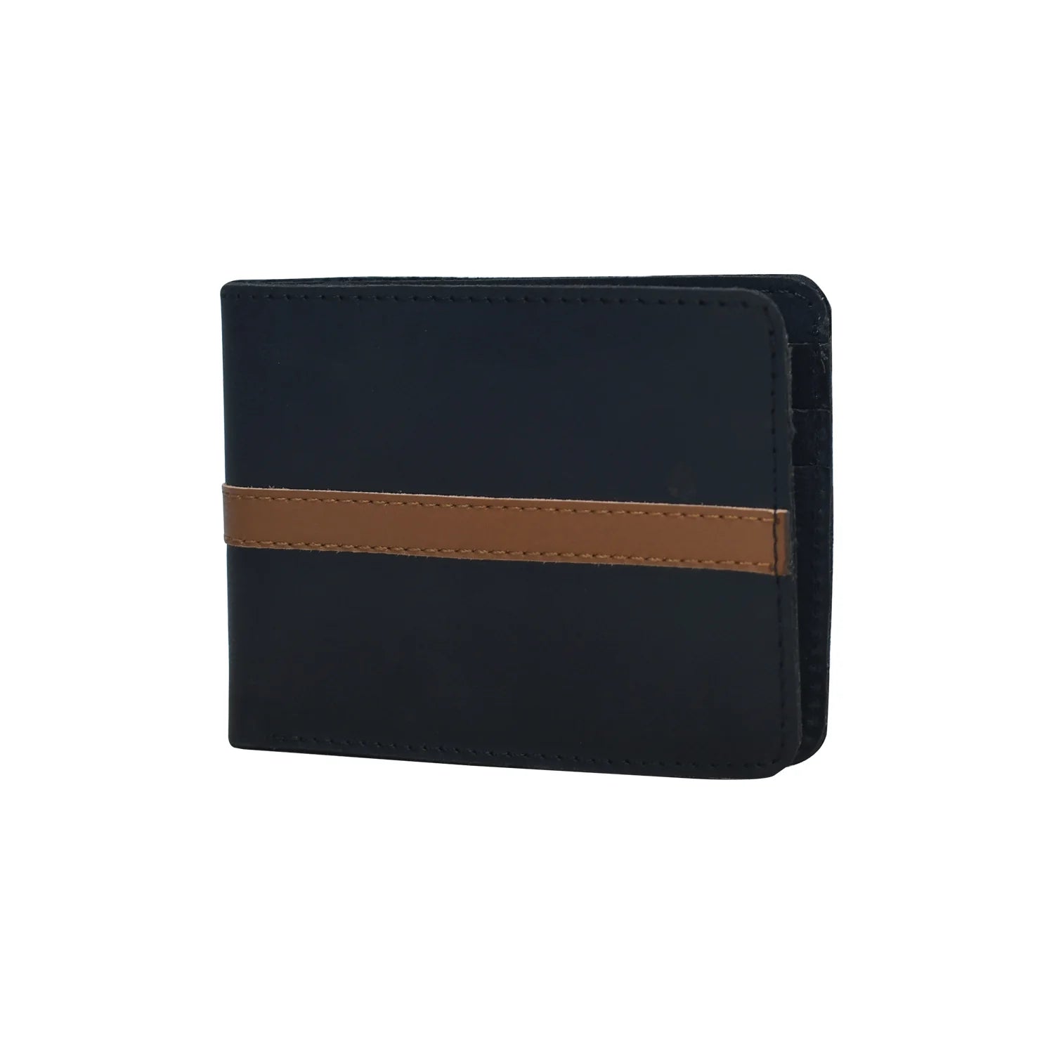 Black Handmade Genuine Leather Bifold Wallet with Tan Accent Strap