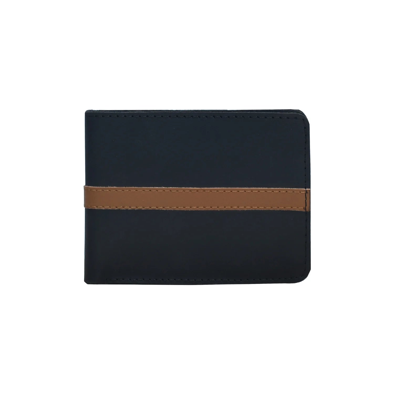 Black Handmade Genuine Leather Bifold Wallet with Tan Accent Strap
