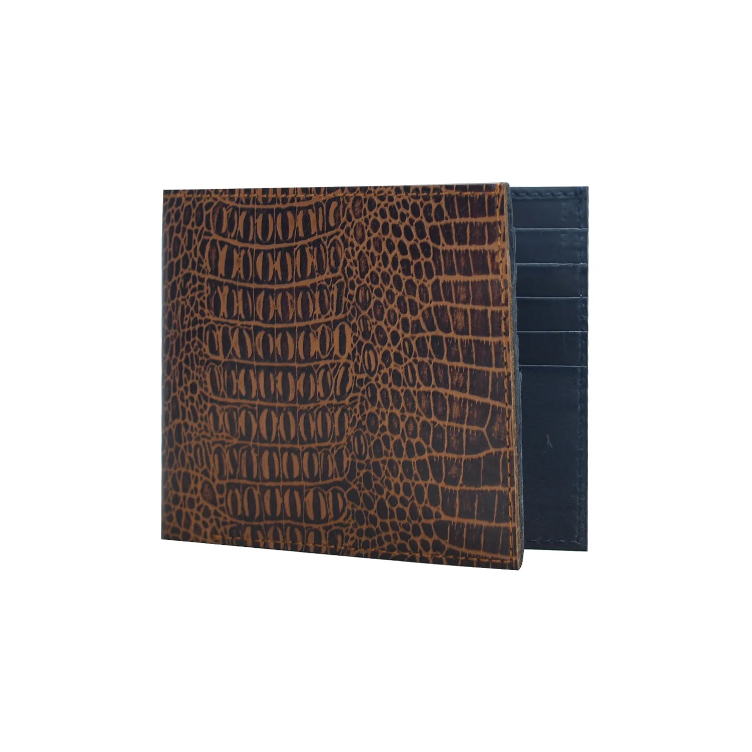 Brown Handmade Croc-Embossed Genuine Leather Bifold Wallet for Men