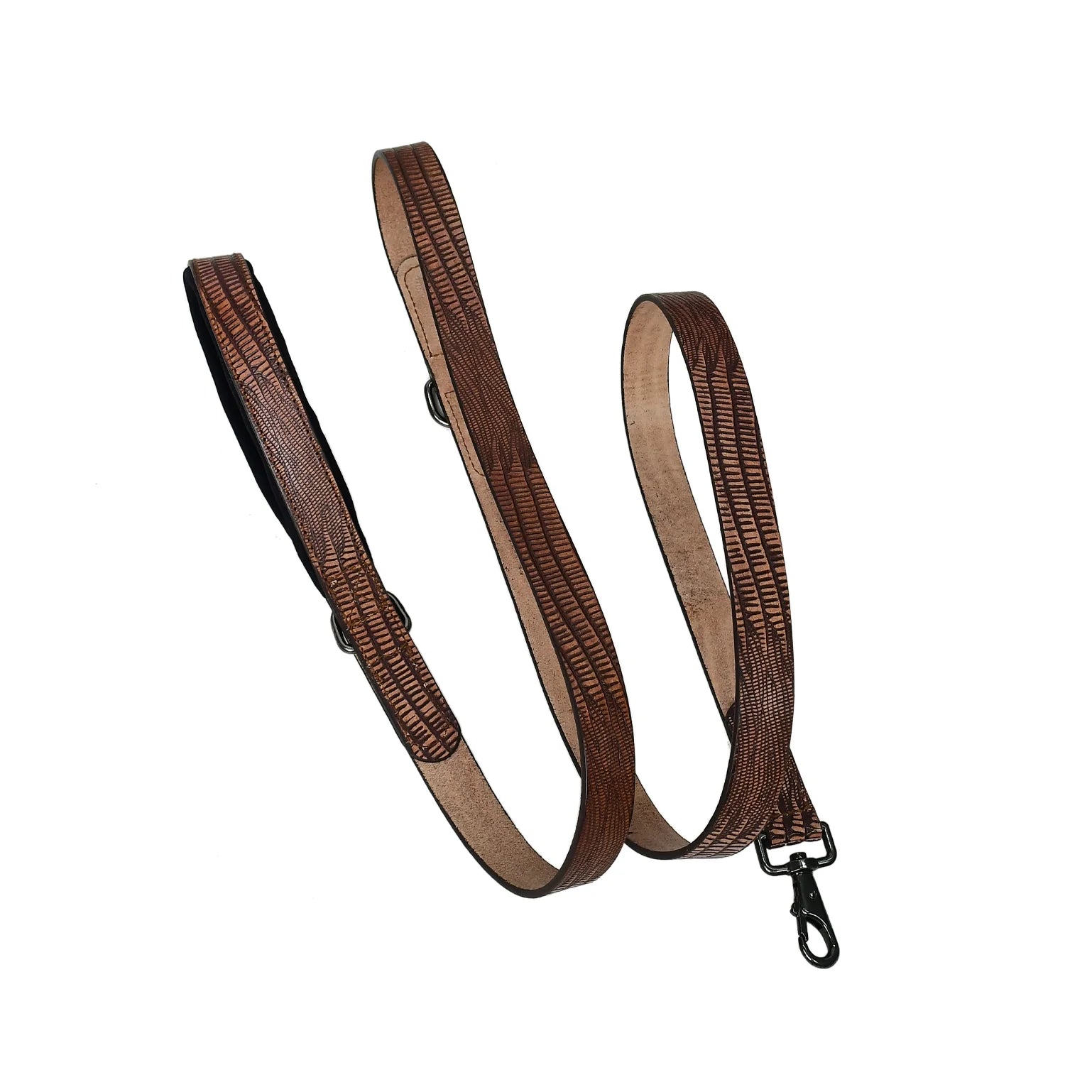 Luxury Premium Genuine Croc-Embossed Cognac Brown Leather Dog Leash with Black Hardware