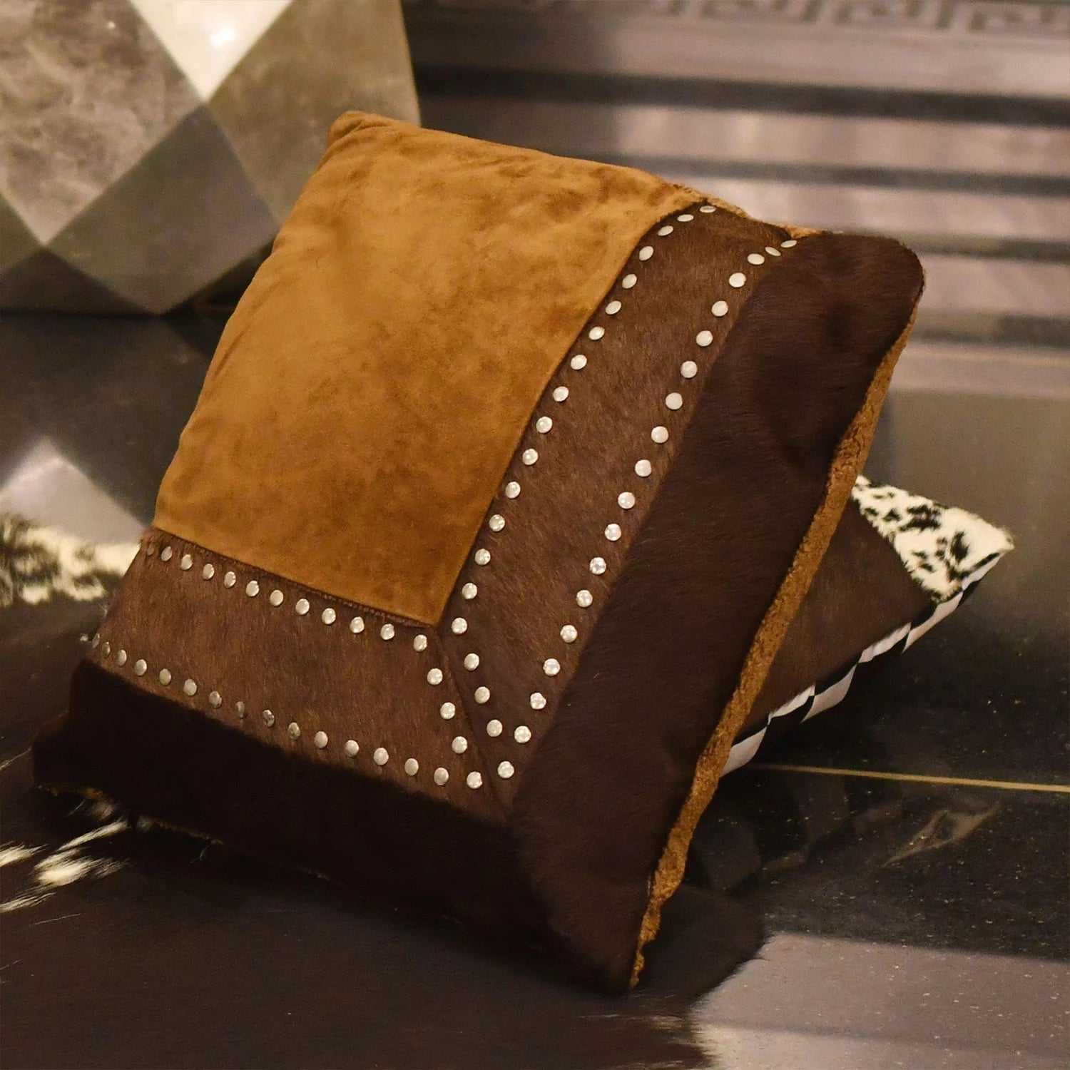 Genuine Leather Tan Suede & Dark Brown Cowhide Studded Cushion