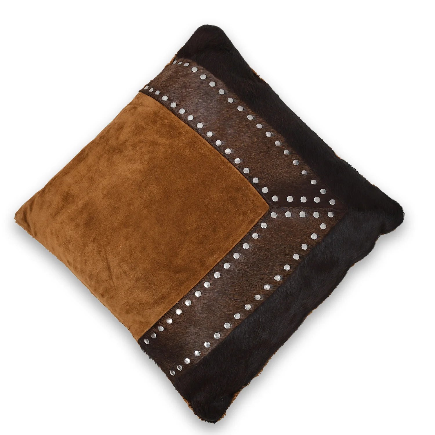 Genuine Leather Tan Suede & Dark Brown Cowhide Studded Cushion
