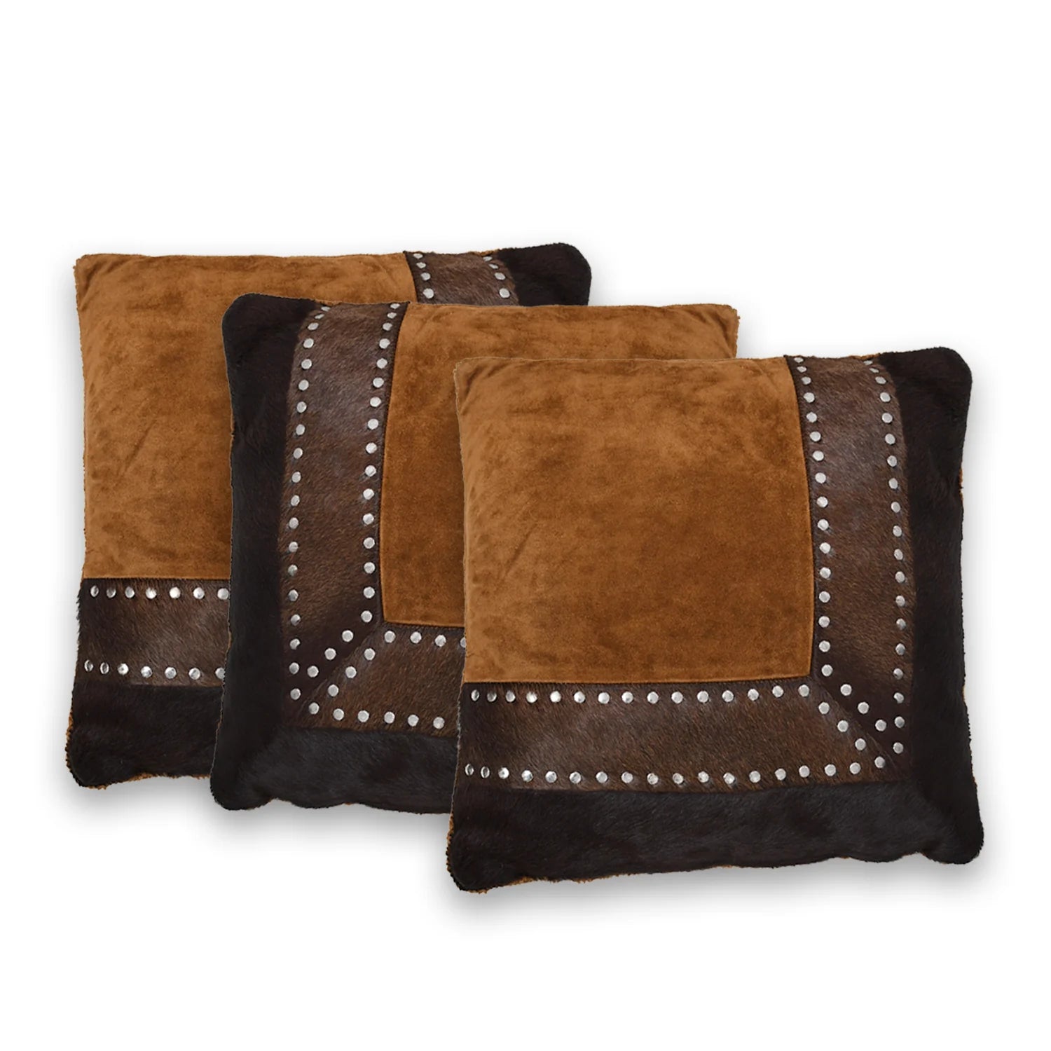 Genuine Leather Tan Suede & Dark Brown Cowhide Studded Cushion