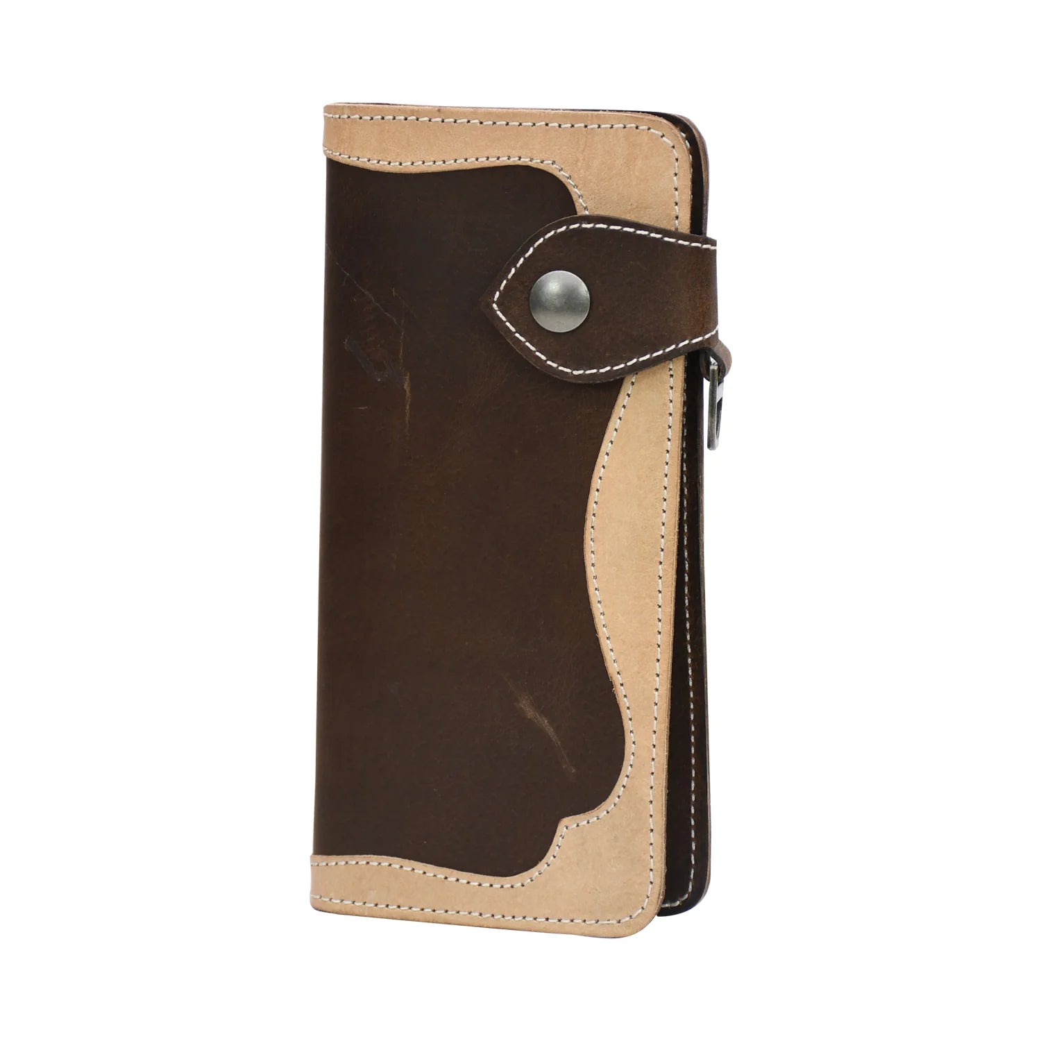 Luxury Handmade Genuine Leather Long Wallet with Snap Closure – Dual Tone Brown