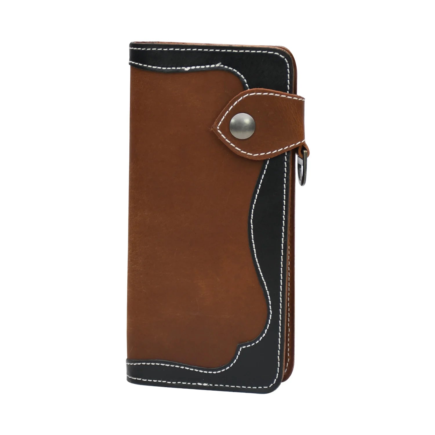 Luxury Handmade Genuine Leather Long Wallet with Snap Closure – Dual Tone Brown & Black
