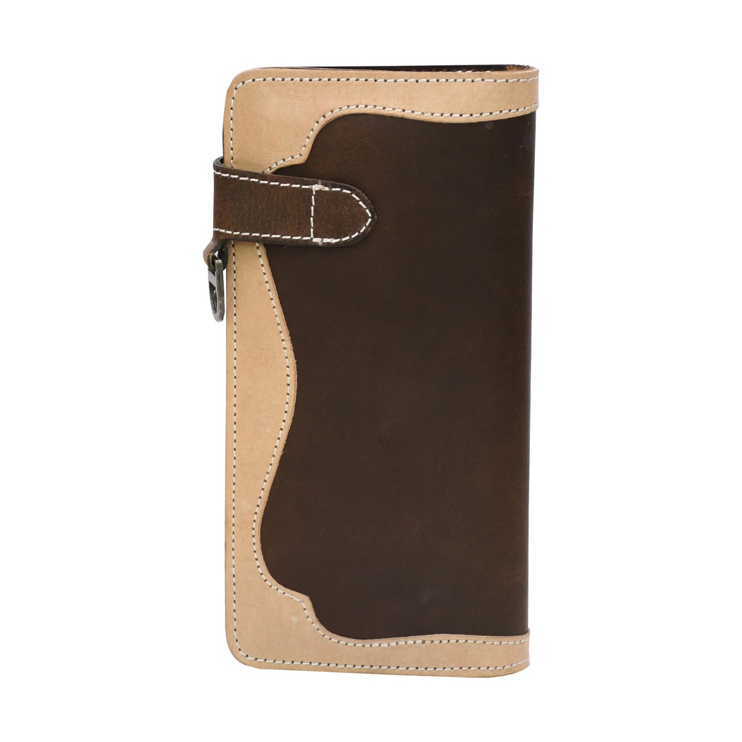 Luxury Handmade Genuine Leather Long Wallet with Snap Closure – Dual Tone Brown