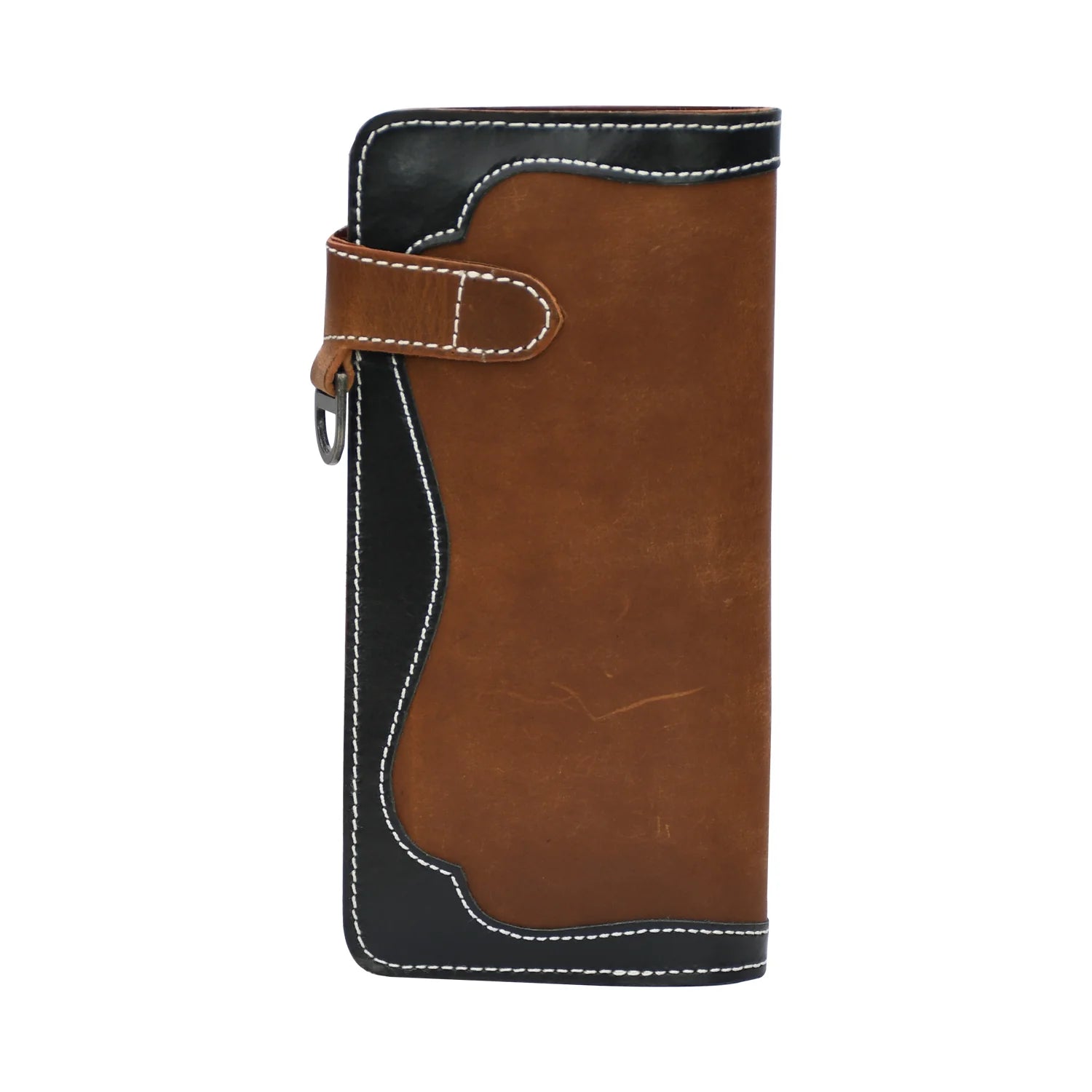 Luxury Handmade Genuine Leather Long Wallet with Snap Closure – Dual Tone Brown & Black
