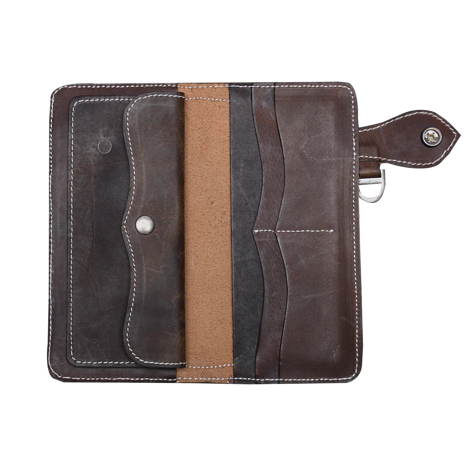 Luxury Handmade Genuine Leather Long Wallet with Snap Closure – Dual Tone Brown