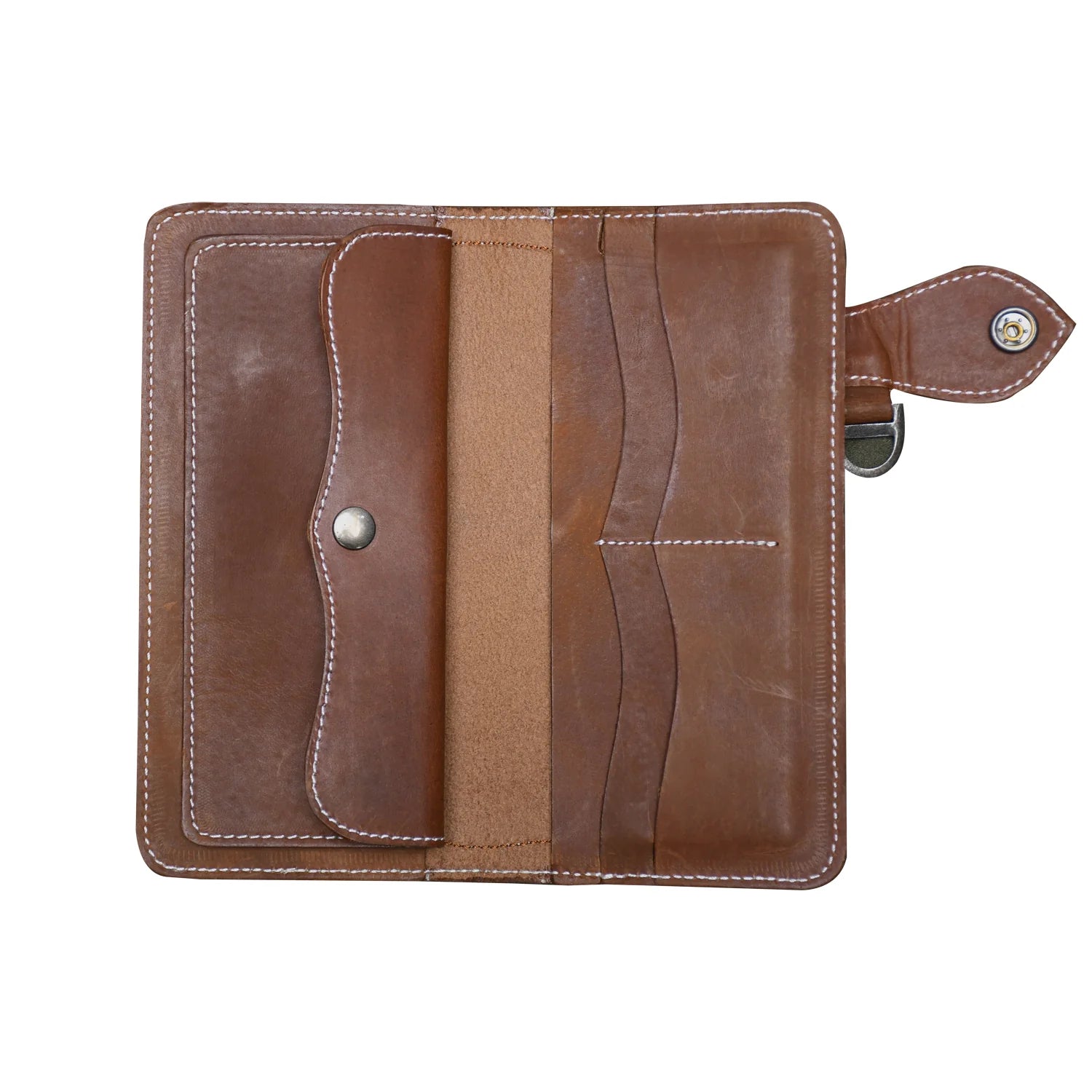 Luxury Handmade Genuine Leather Long Wallet with Snap Closure – Dual Tone Brown & Black