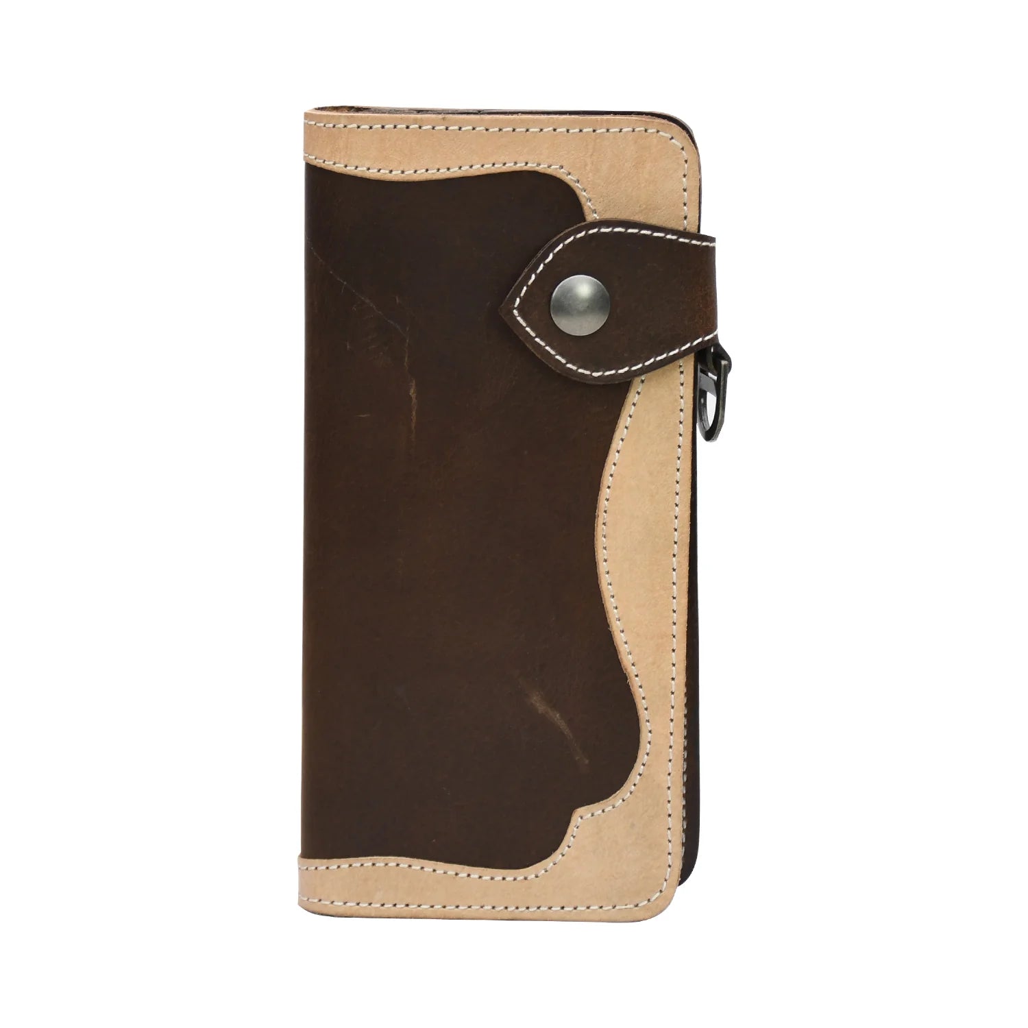 Luxury Handmade Genuine Leather Long Wallet with Snap Closure – Dual Tone Brown