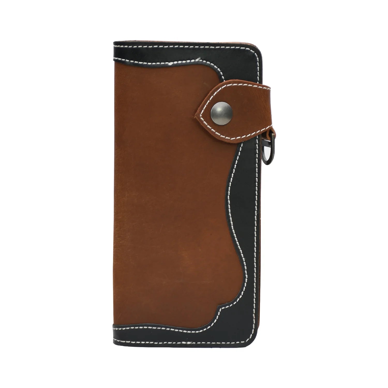 Luxury Handmade Genuine Leather Long Wallet with Snap Closure – Dual Tone Brown & Black