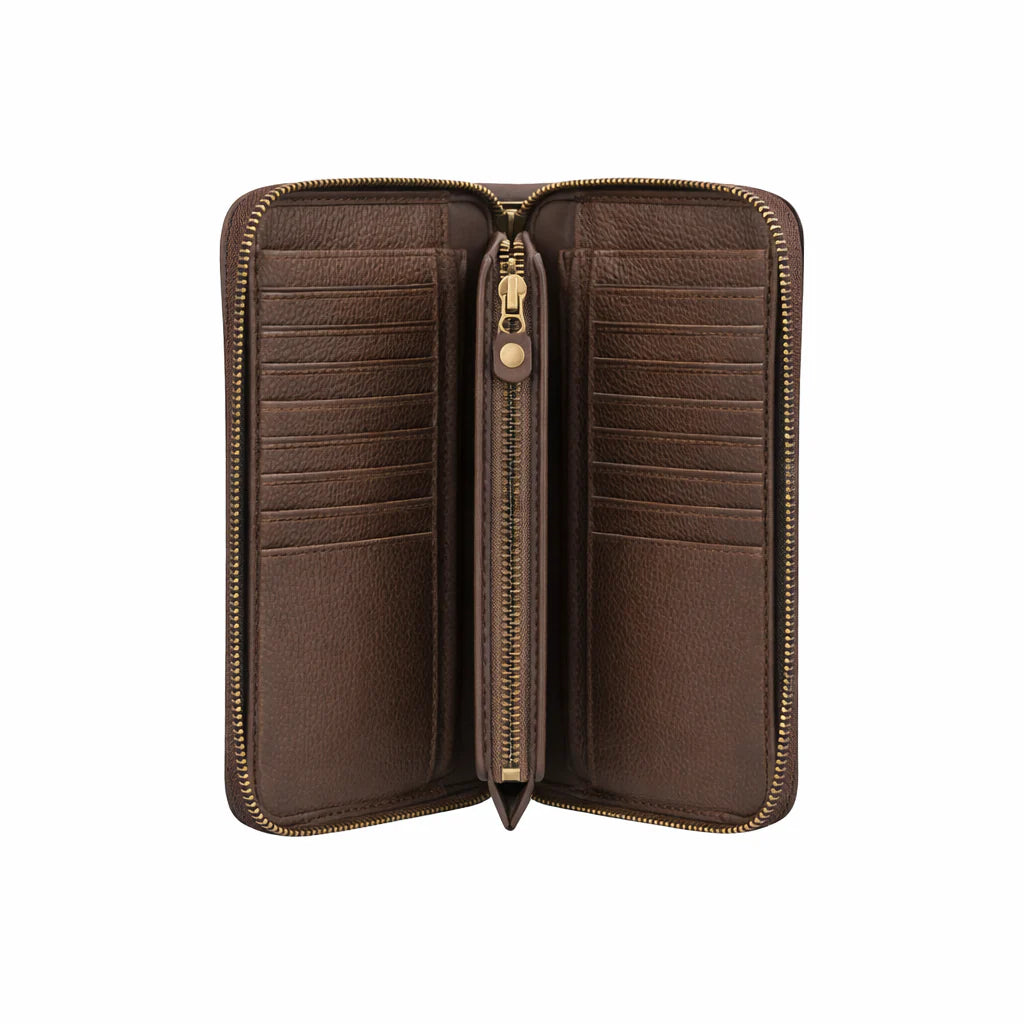 Premium Handmade Genuine Leather Zip-Around Long Wallet – Dark Brown