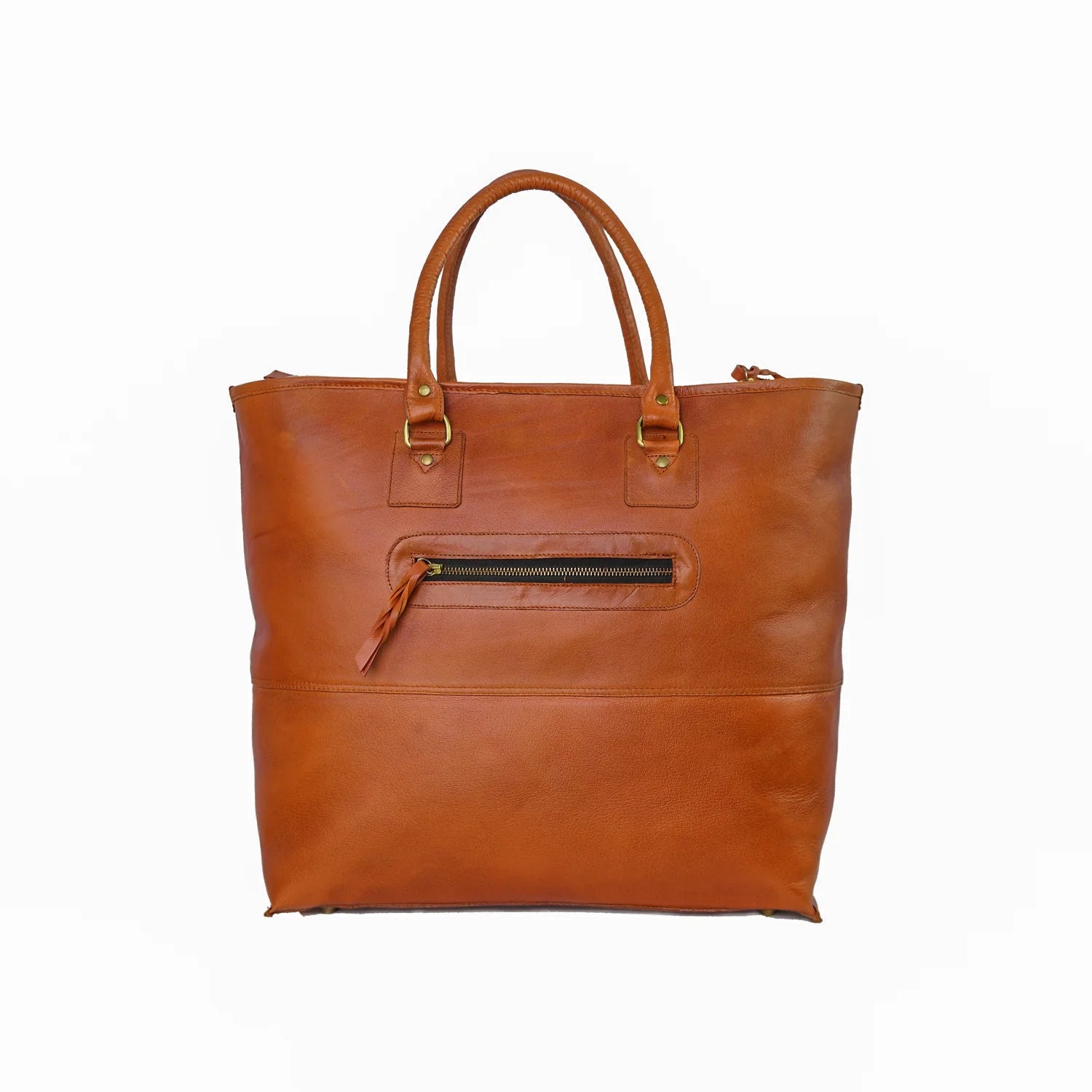 Premium Genuine Leather Women’s Tan Tote Bag with Zip Pocket
