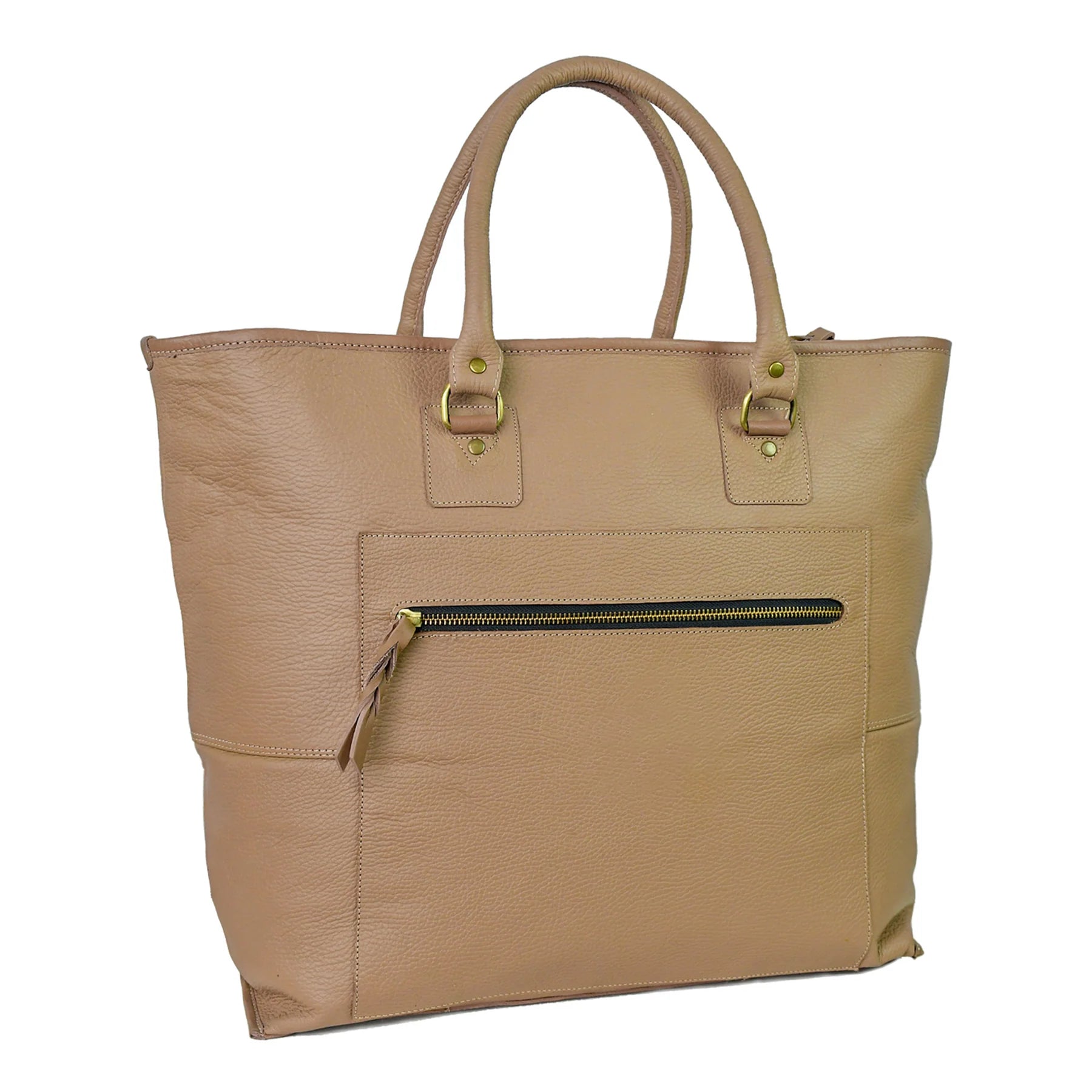 Premium Genuine Leather Women’s Tan Tote Bag with Zip Pocket