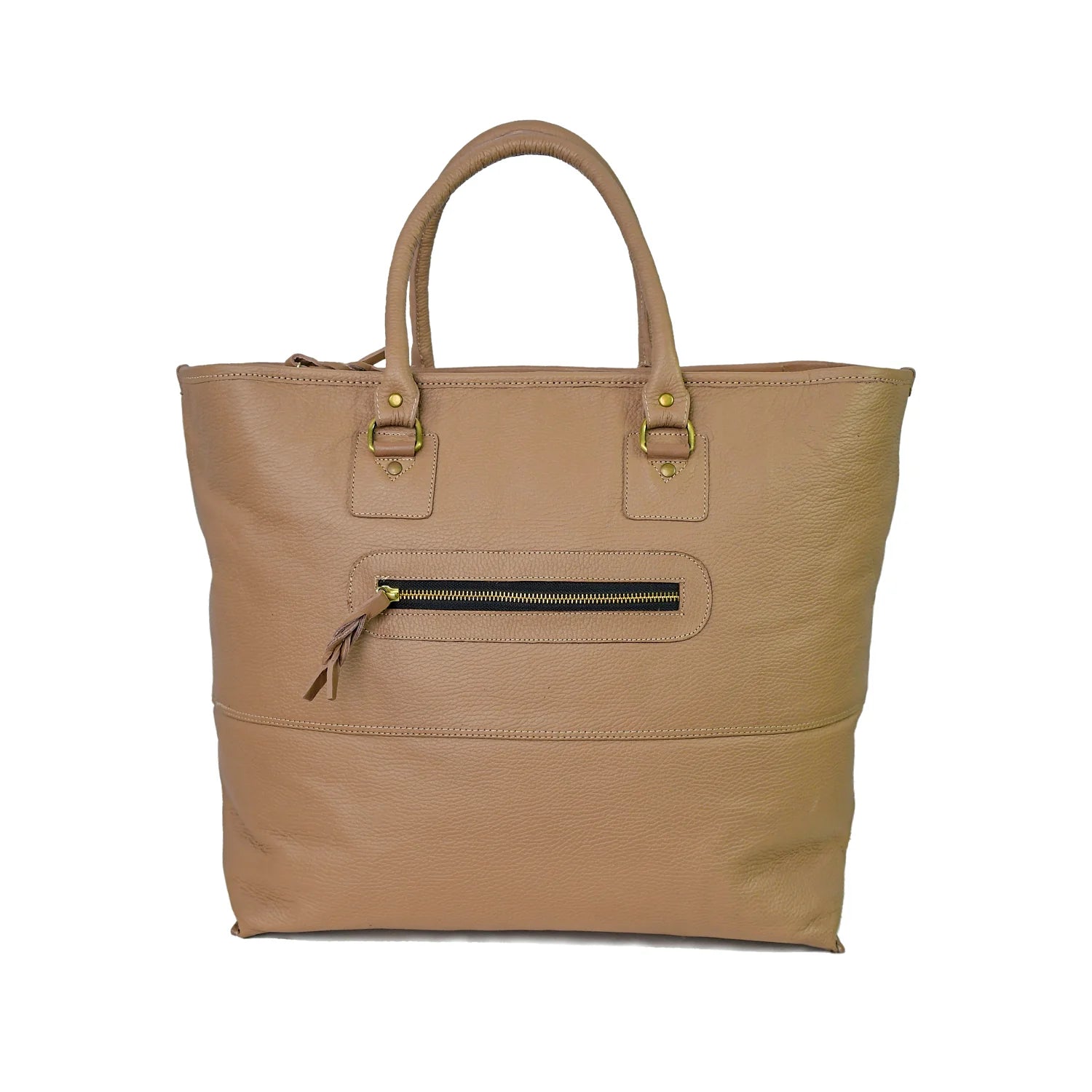 Premium Genuine Leather Women’s Tan Tote Bag with Zip Pocket