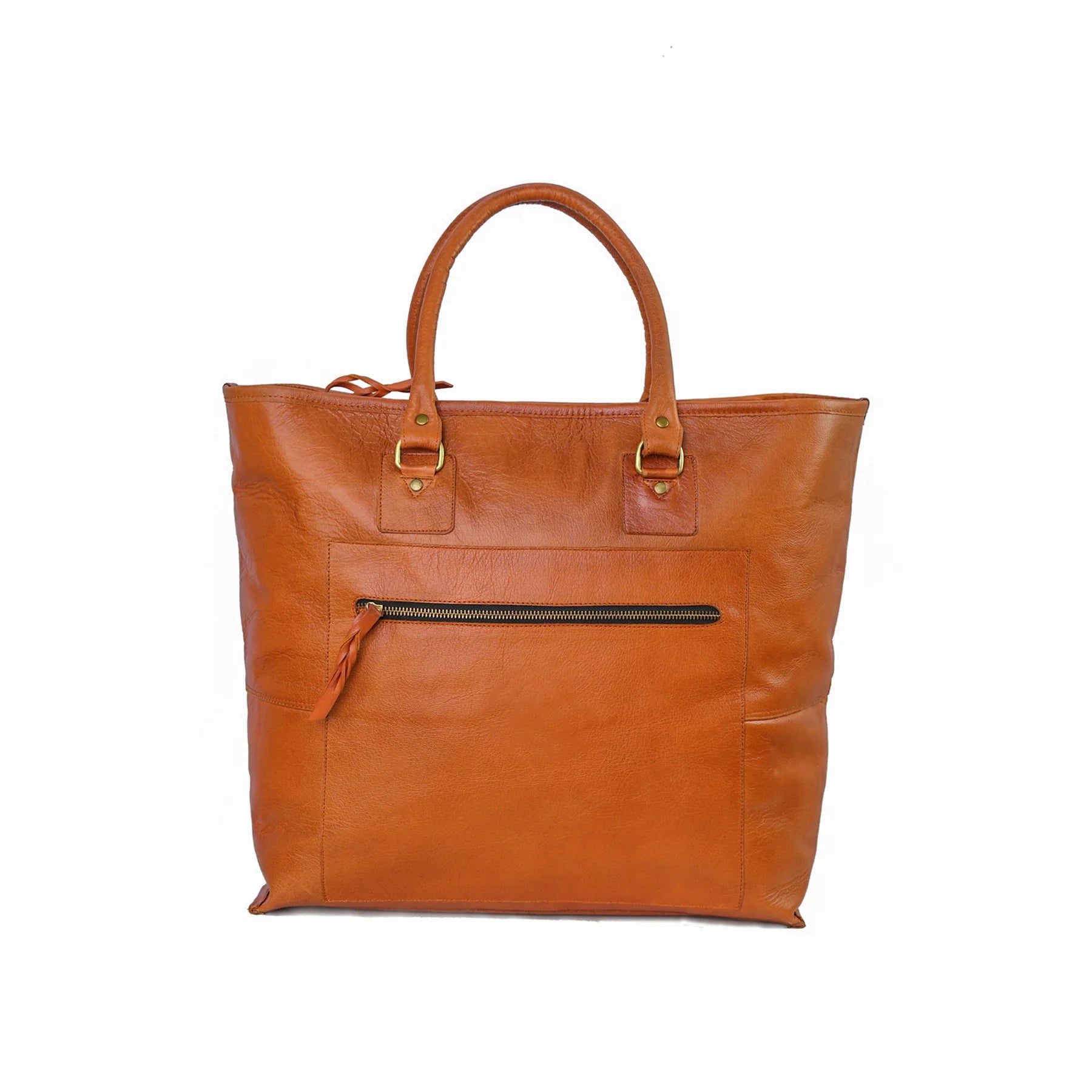 Premium Genuine Leather Women’s Tan Tote Bag with Zip Pocket