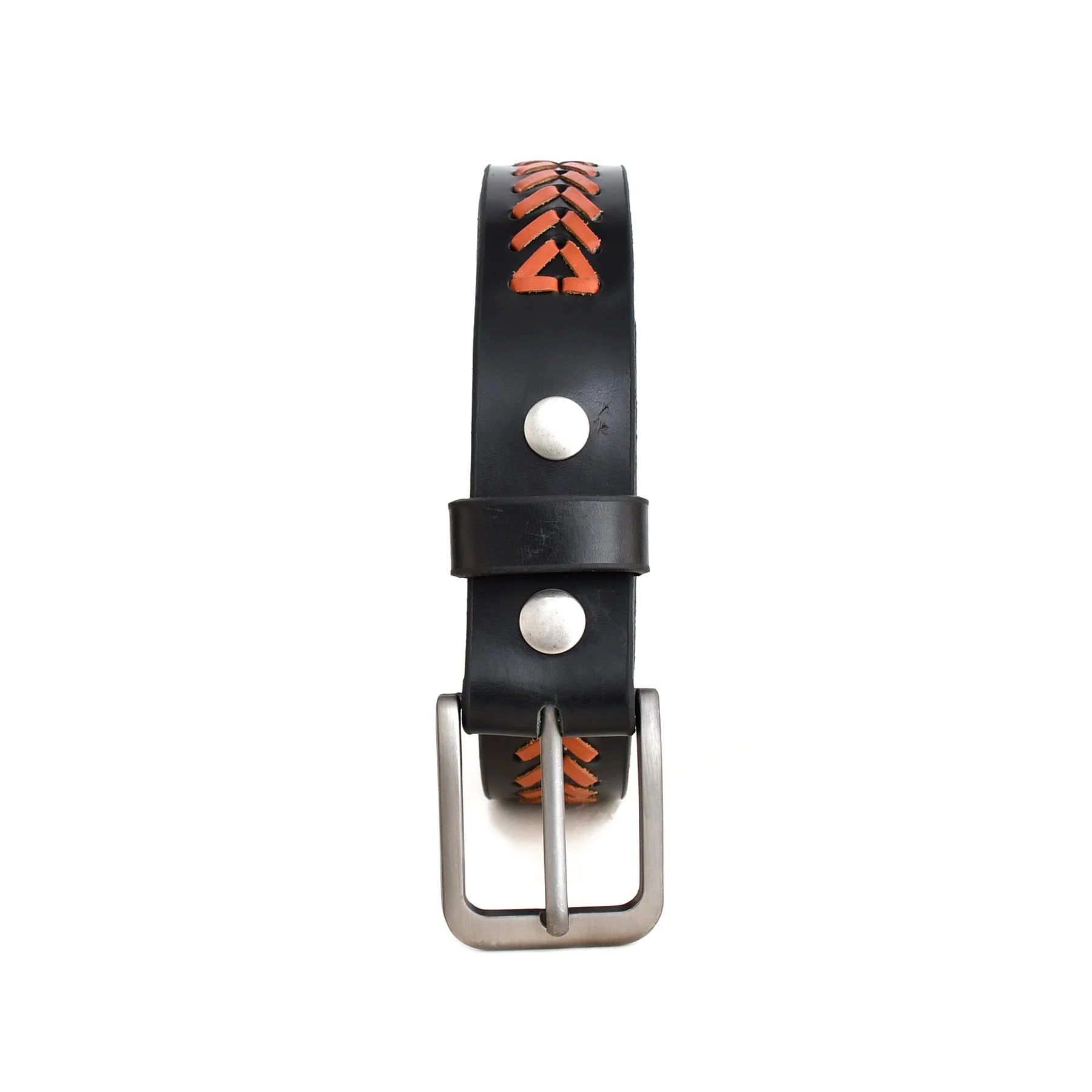 Black Genuine Leather Belt with Orange Braided Detail