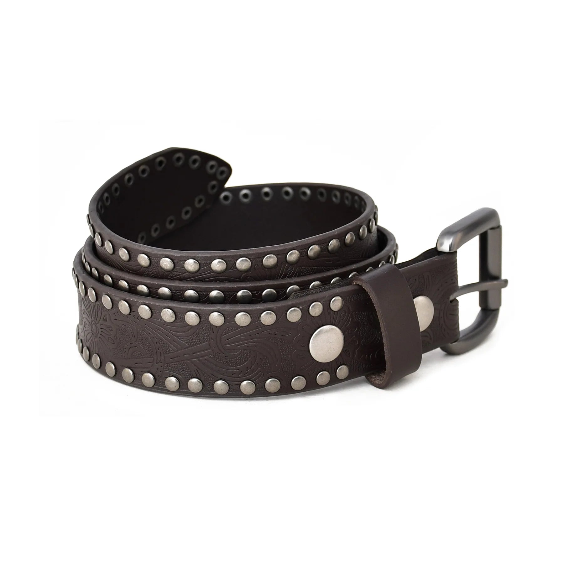 Dark Brown Genuine Leather Studded Belt – Embossed Casual Belt