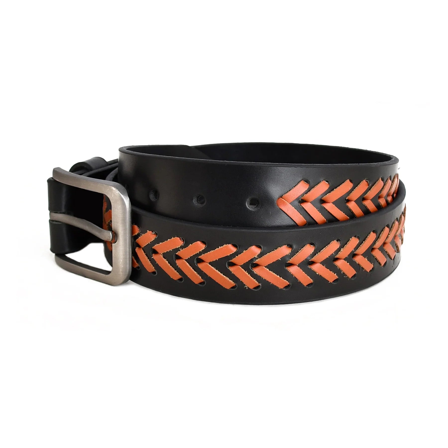 Black Genuine Leather Belt with Orange Braided Detail