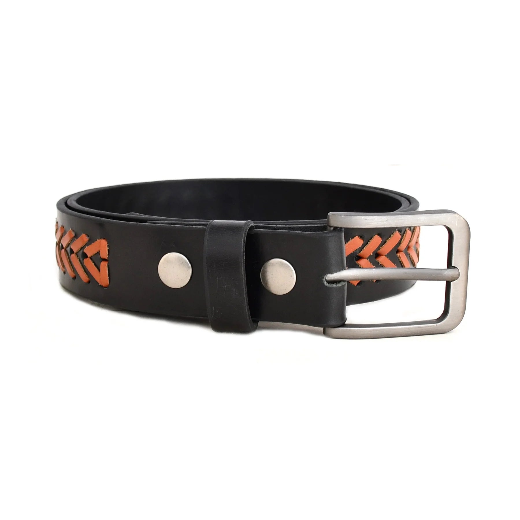 Black Genuine Leather Belt with Orange Braided Detail