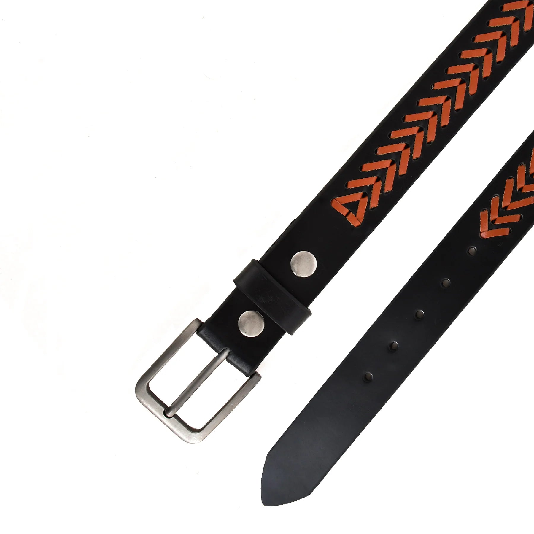 Black Genuine Leather Belt with Orange Braided Detail