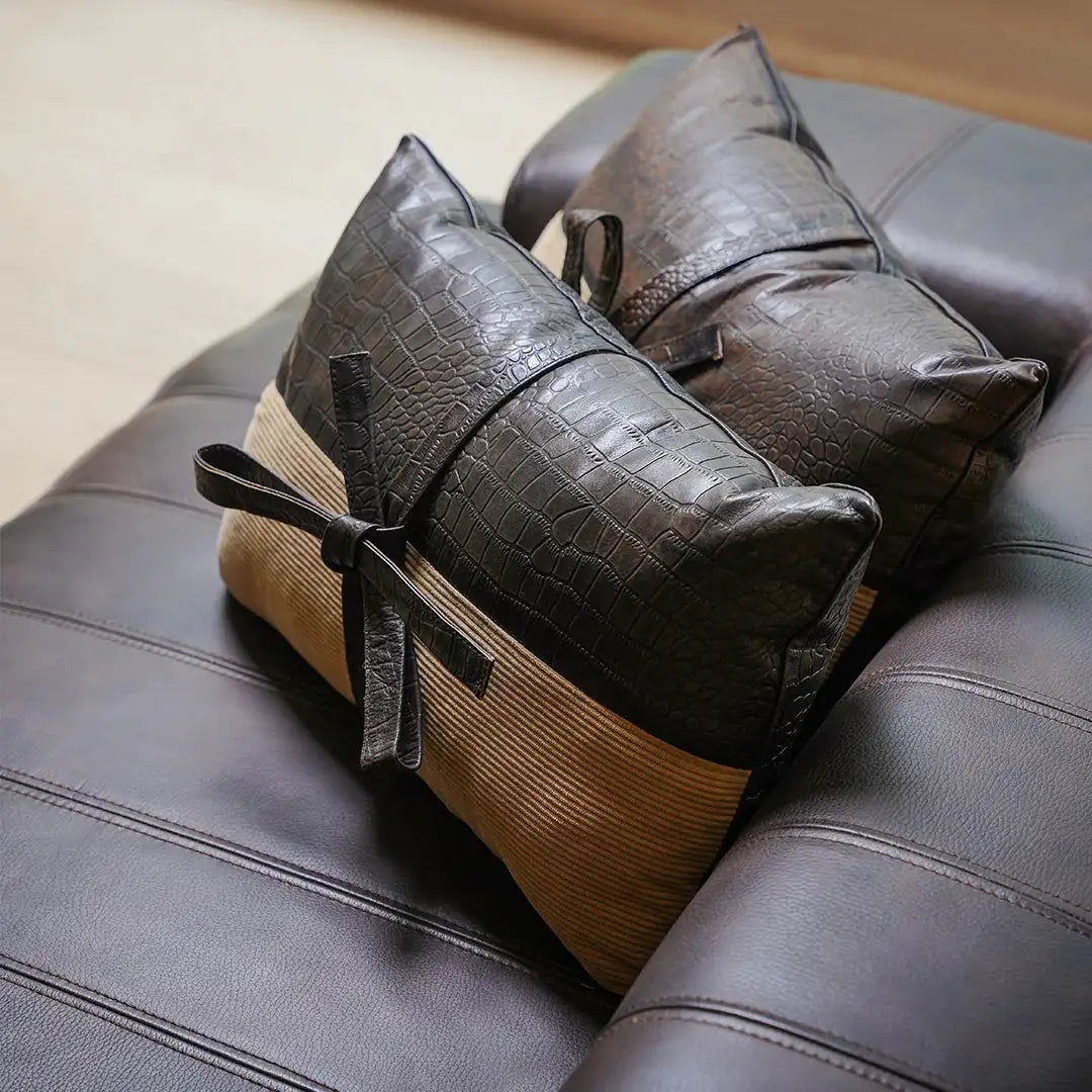 Premium Handmade Croc Texture Genuine Leather Lumbar Cushion – Bow Accent