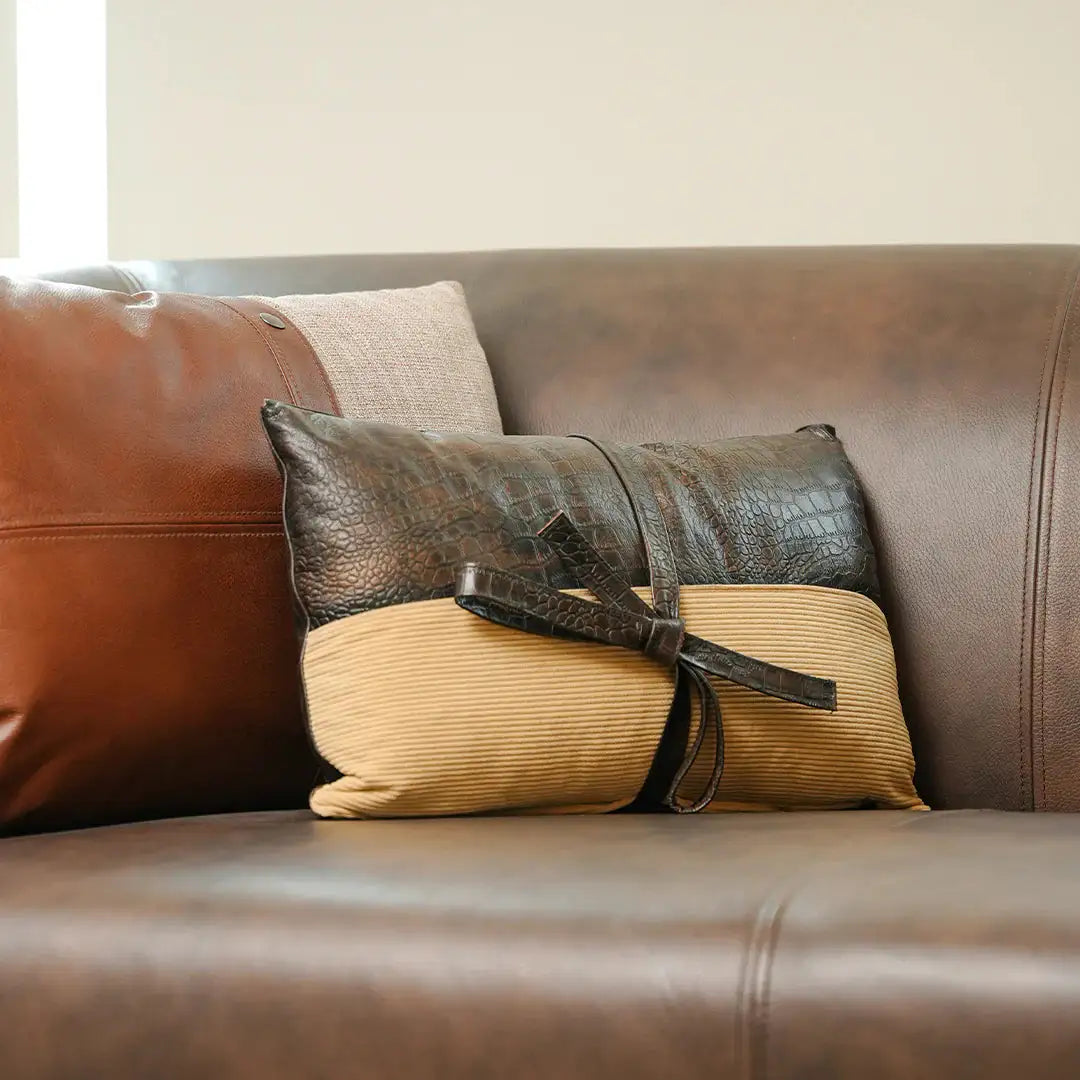 Premium Handmade Croc Texture Genuine Leather Lumbar Cushion – Bow Accent