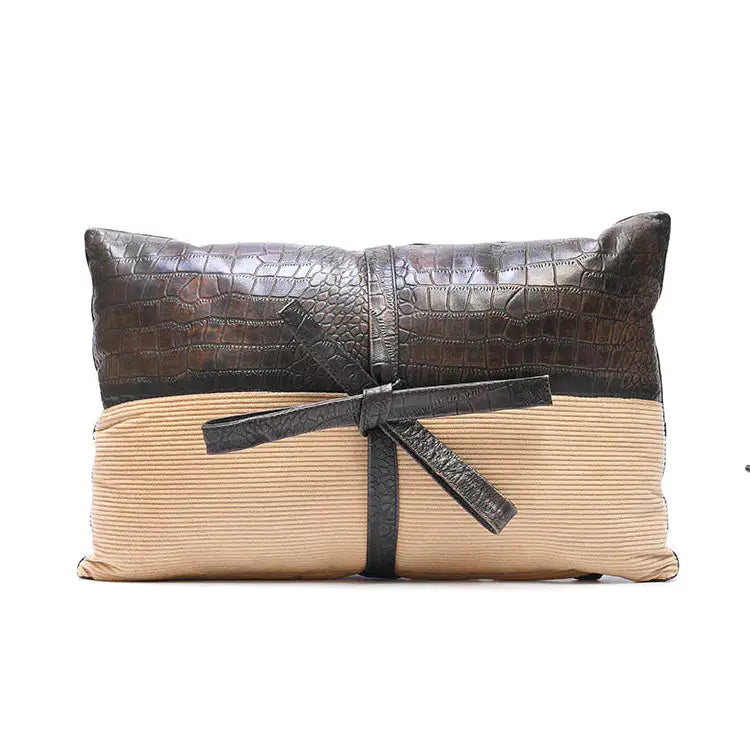 Premium Handmade Croc Texture Genuine Leather Lumbar Cushion – Bow Accent