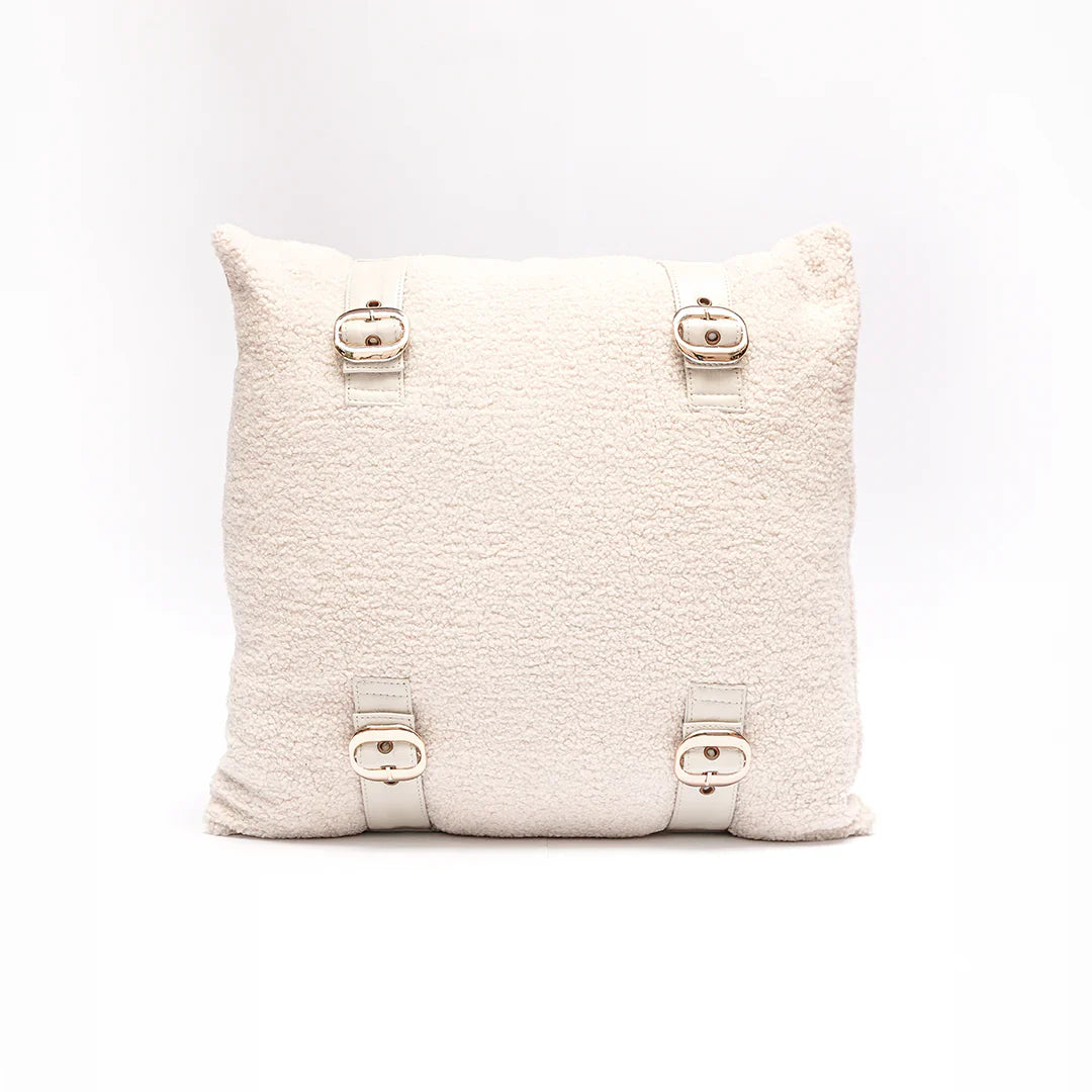 Handmade Genuine Leather Sherpa Buckle Cushion – Ivory White