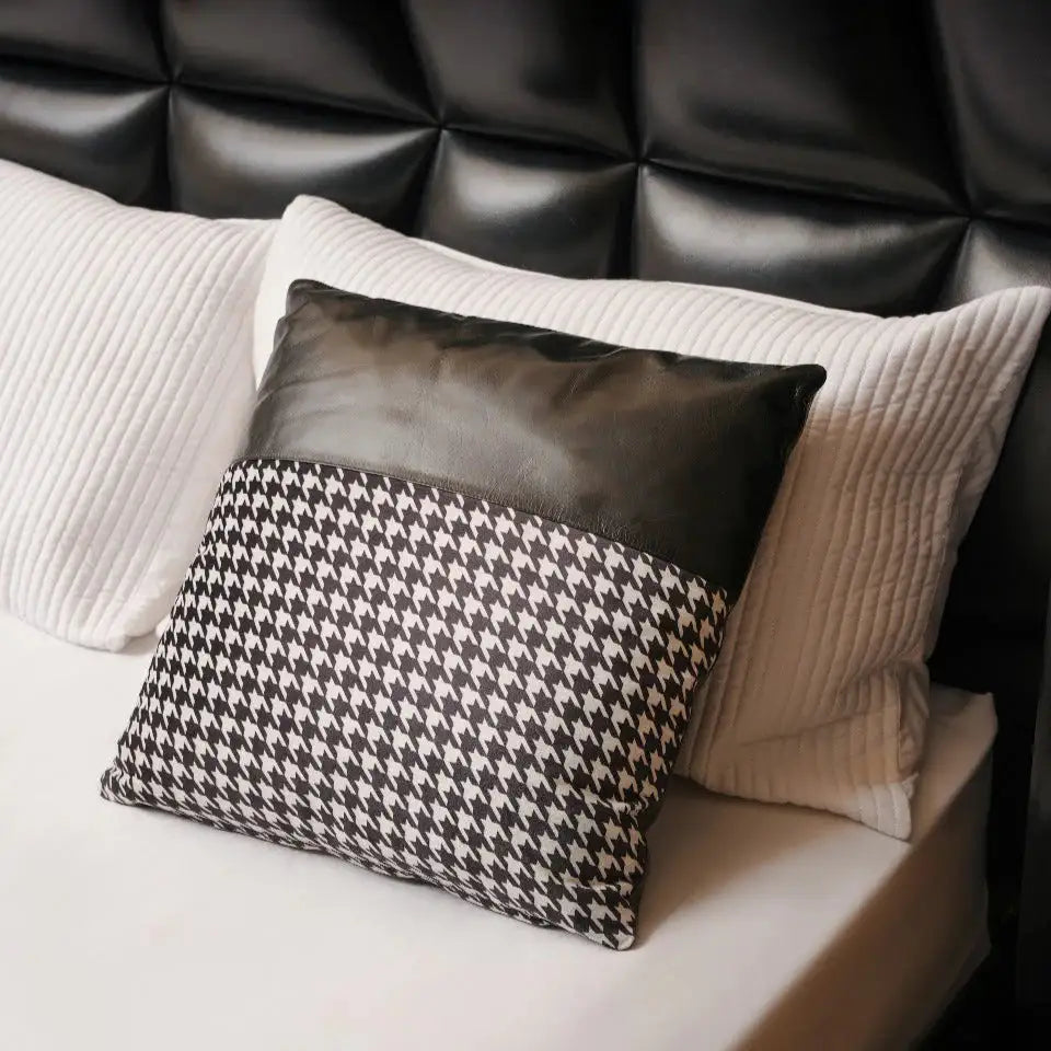 Premium Handmade Houndstooth Genuine Leather Cushion – Black Luxury Accent Pillow