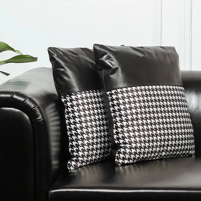 Premium Handmade Houndstooth Genuine Leather Cushion – Black Luxury Accent Pillow