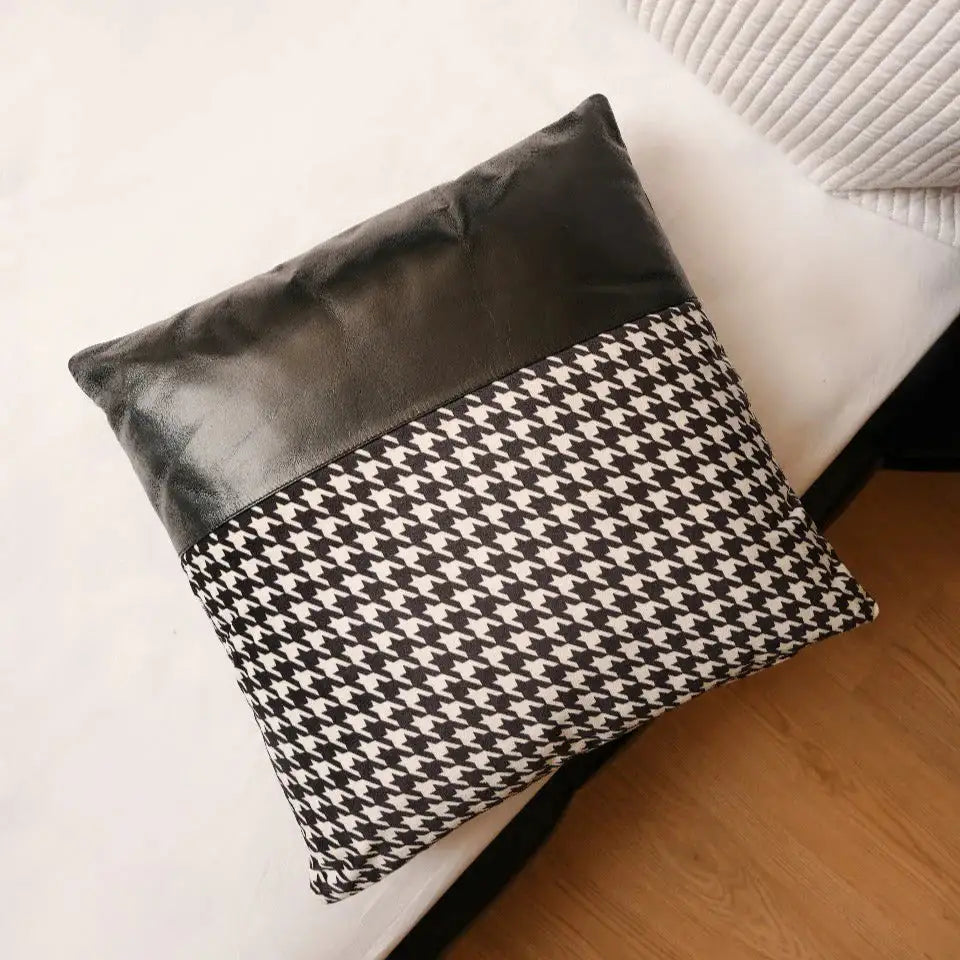 Premium Handmade Houndstooth Genuine Leather Cushion – Black Luxury Accent Pillow