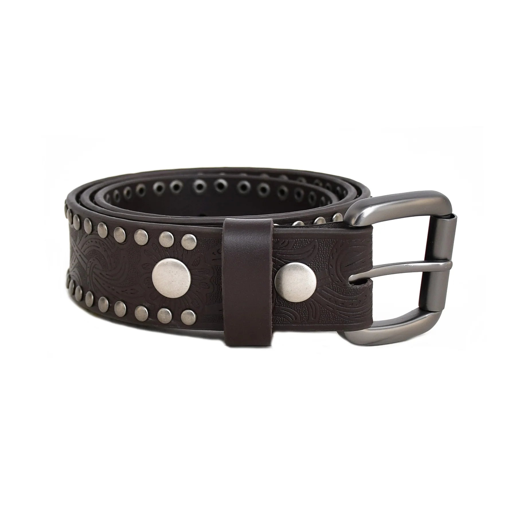 Dark Brown Genuine Leather Studded Belt – Embossed Casual Belt