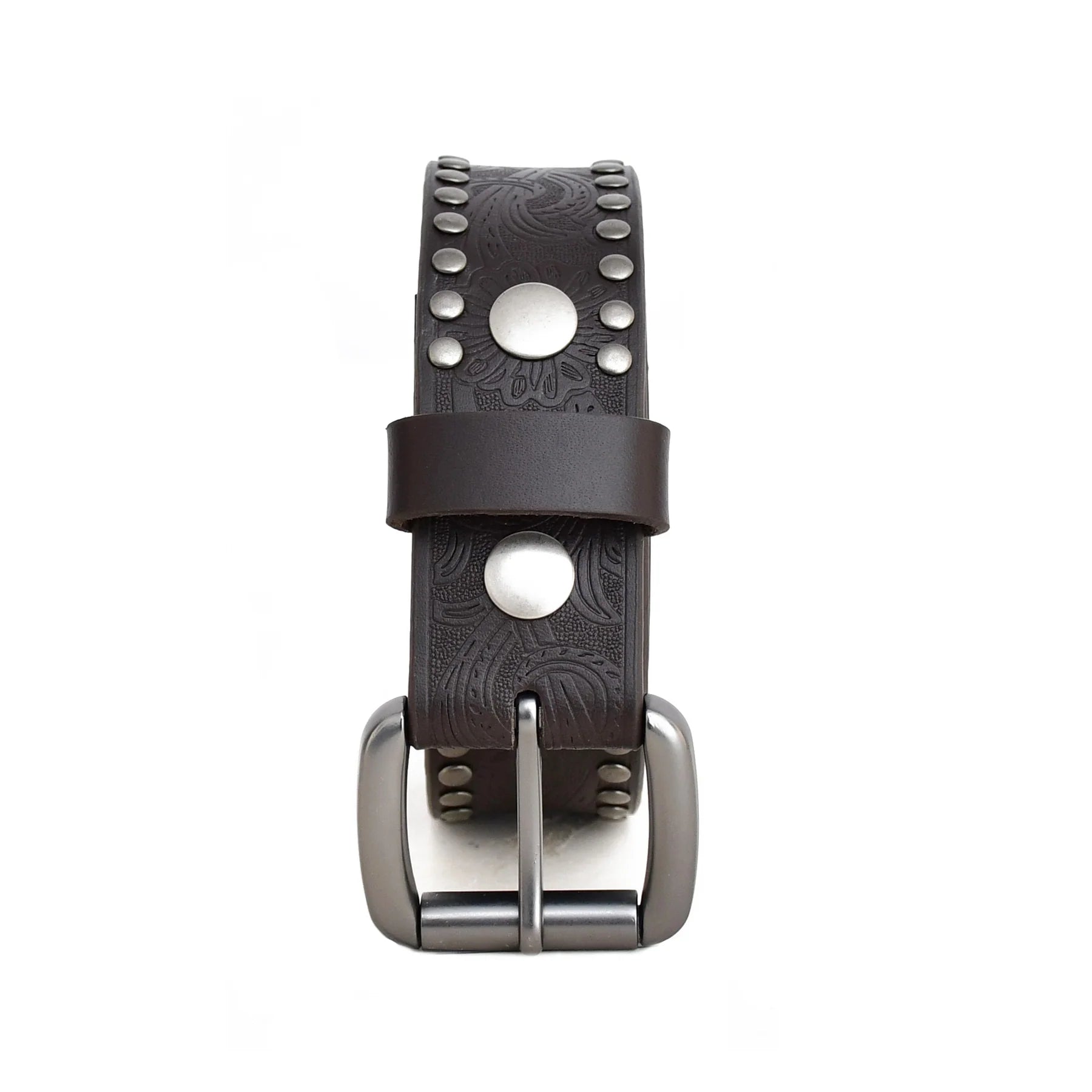 Dark Brown Genuine Leather Studded Belt – Embossed Casual Belt