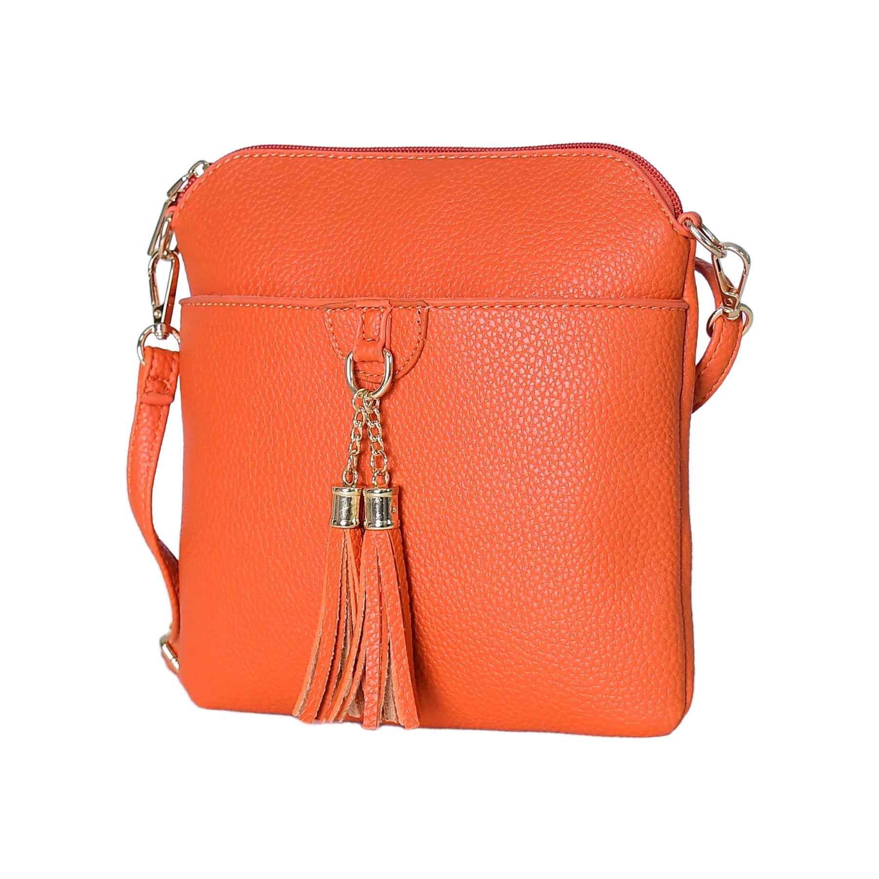 Orange Pebbled Leather Crossbody Bag with Tassel Detail