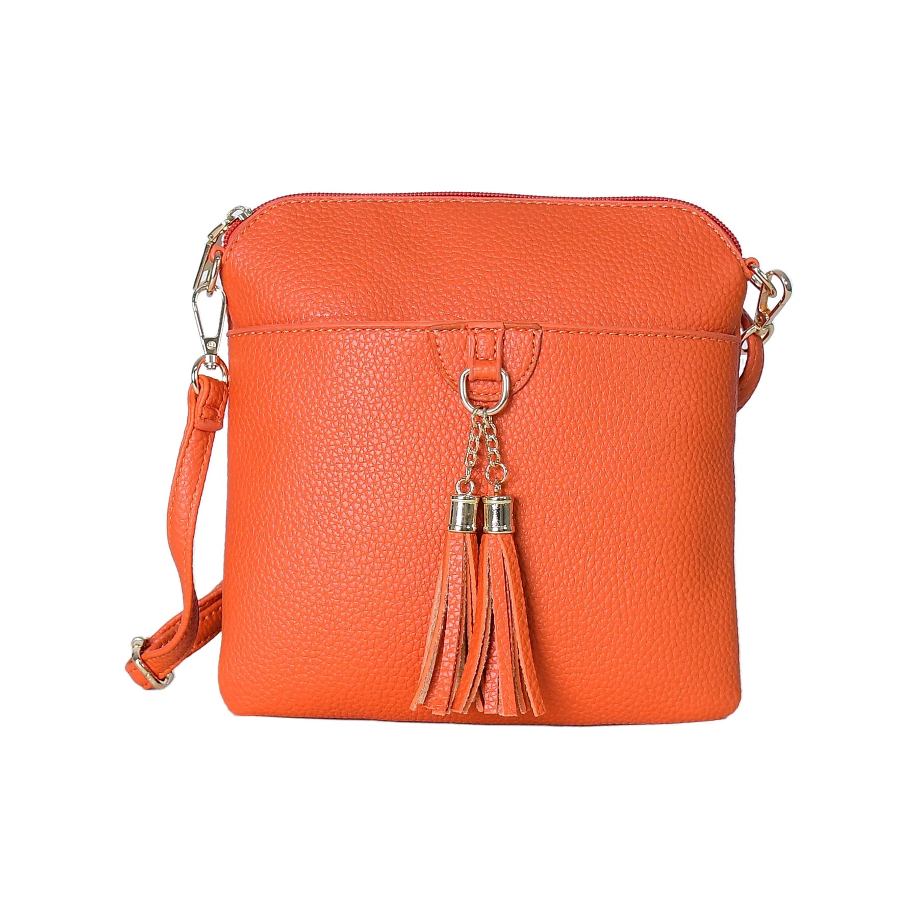 Orange Pebbled Leather Crossbody Bag with Tassel Detail