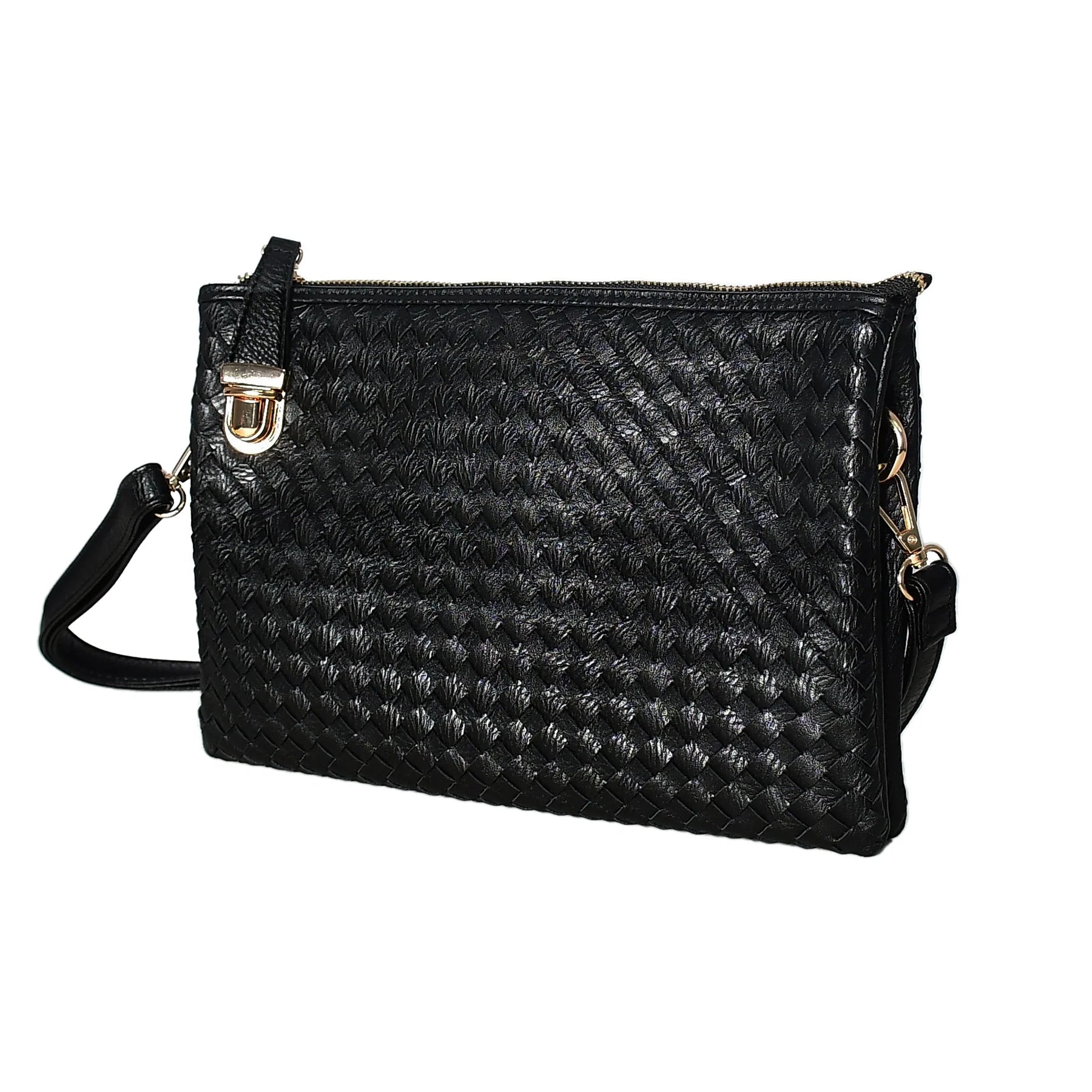 Black Woven Leather Crossbody Clutch with Zip Closure