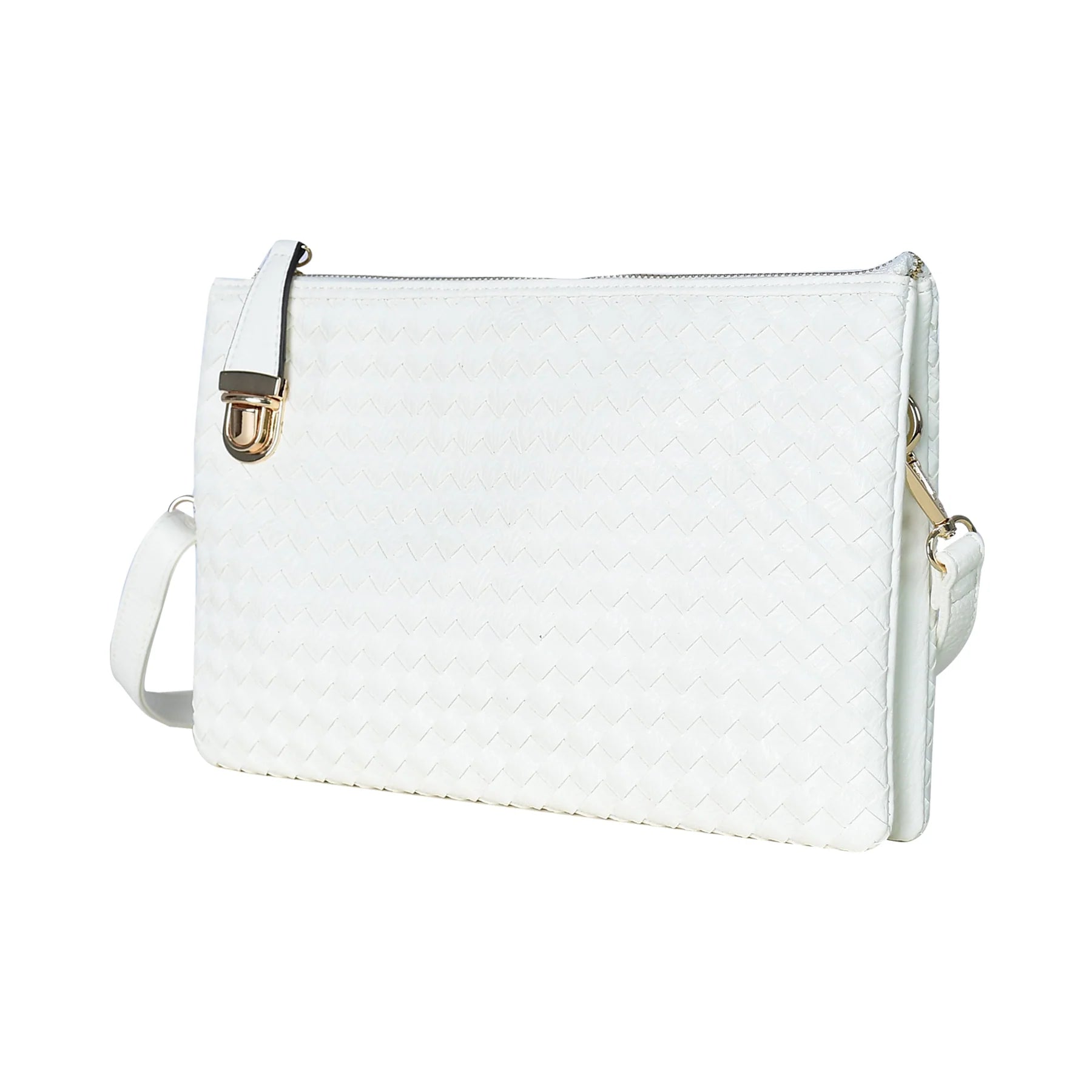 White Handmade Woven Leather Crossbody Clutch with Zip Closure