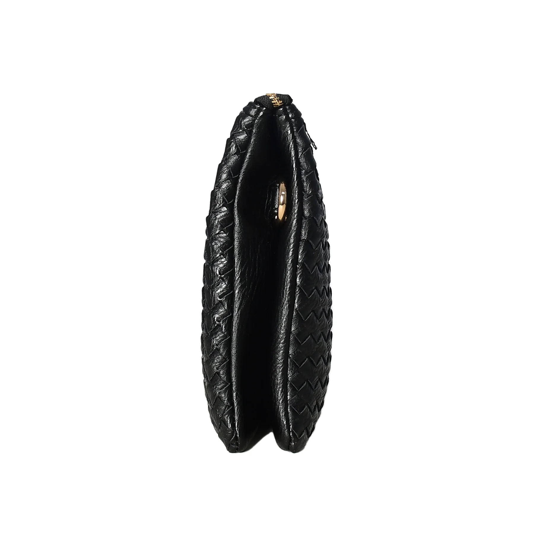 Black Woven Leather Crossbody Clutch with Zip Closure