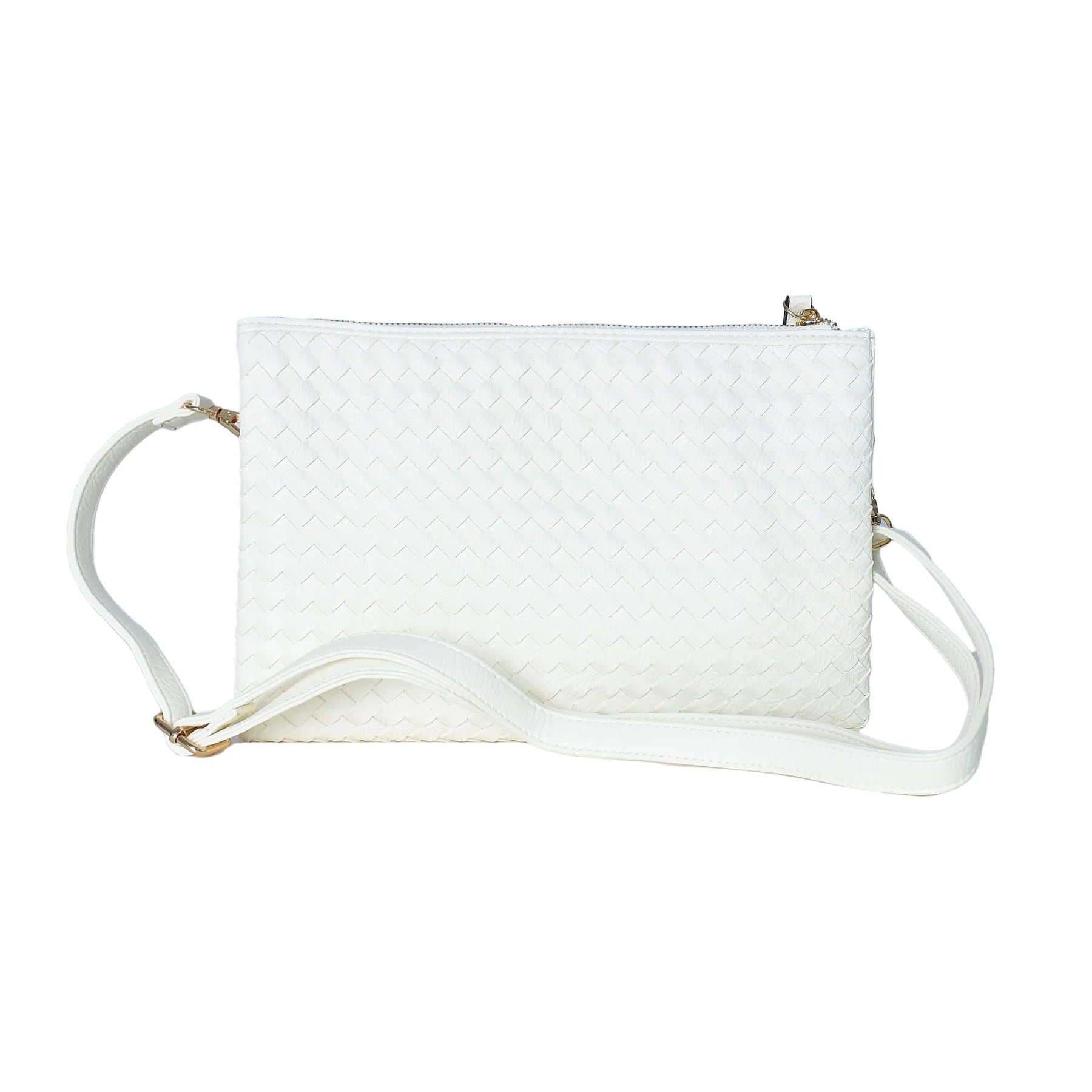 White Handmade Woven Leather Crossbody Clutch with Zip Closure