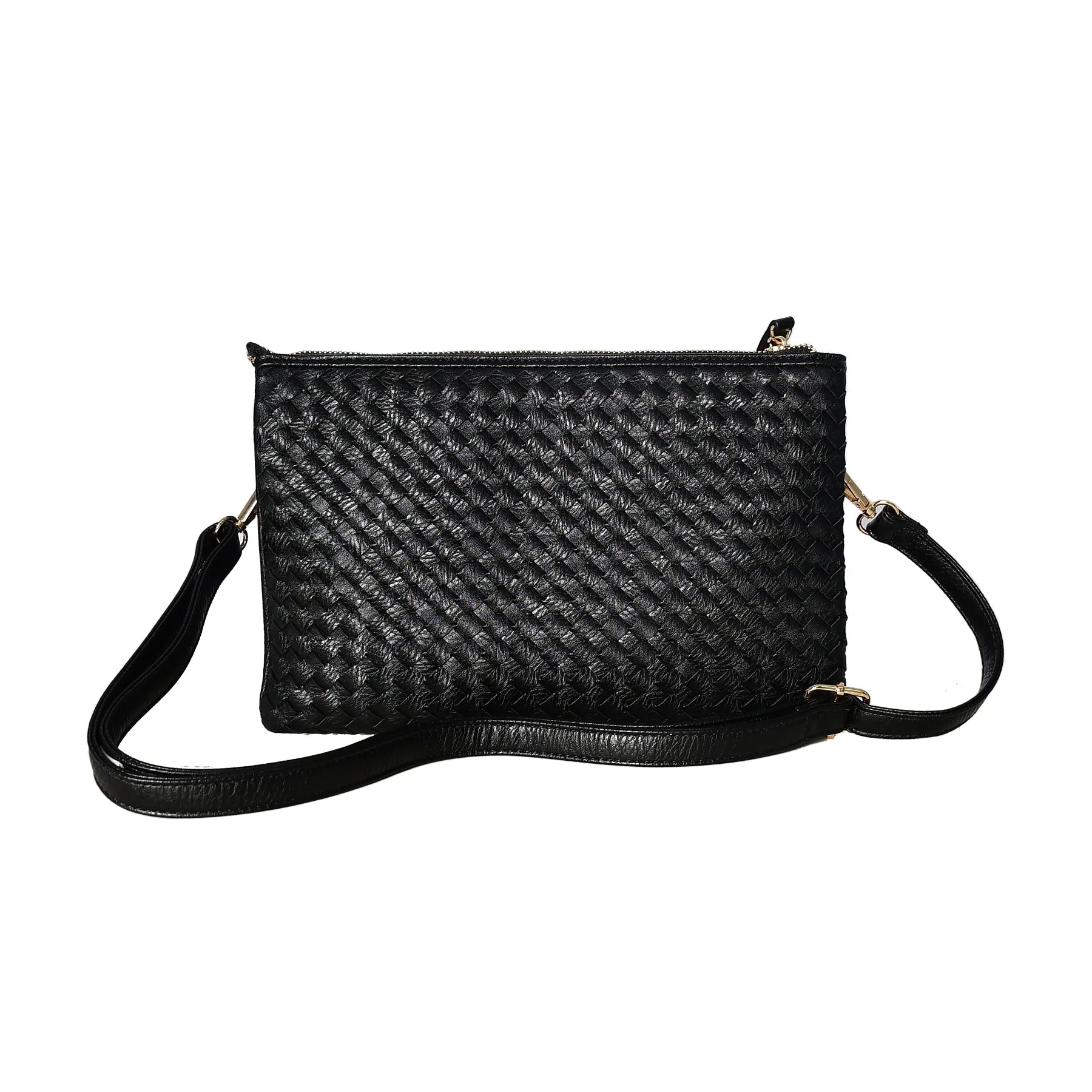 Black Woven Leather Crossbody Clutch with Zip Closure