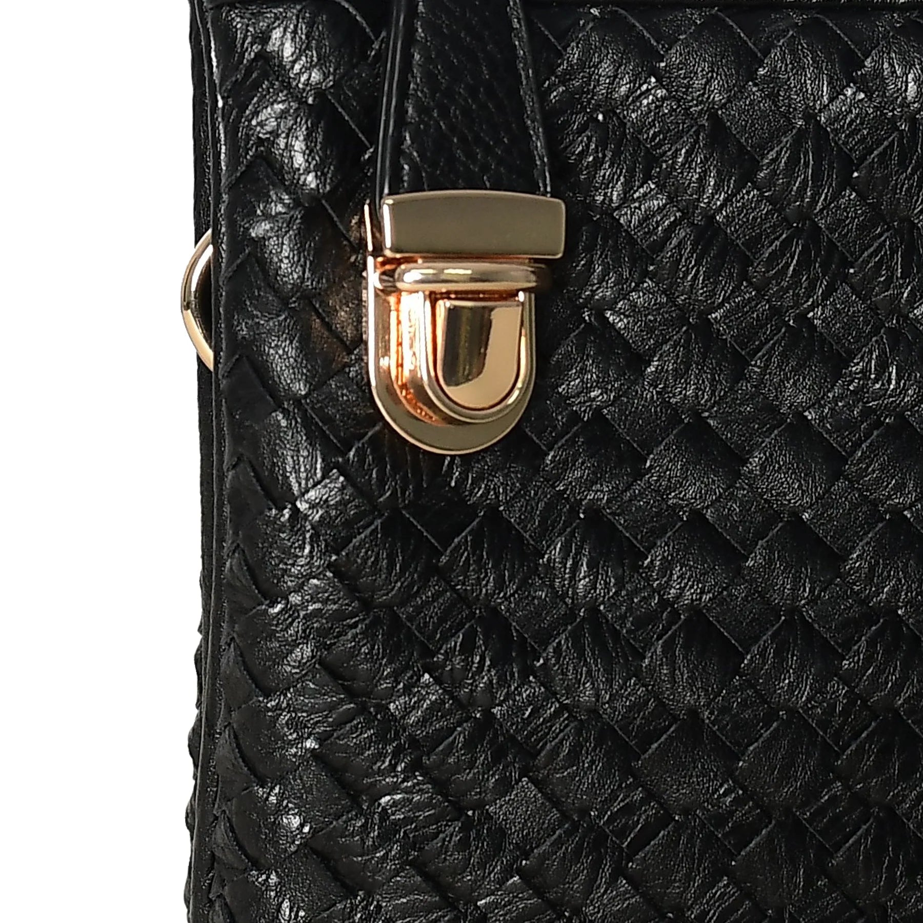Black Woven Leather Crossbody Clutch with Zip Closure