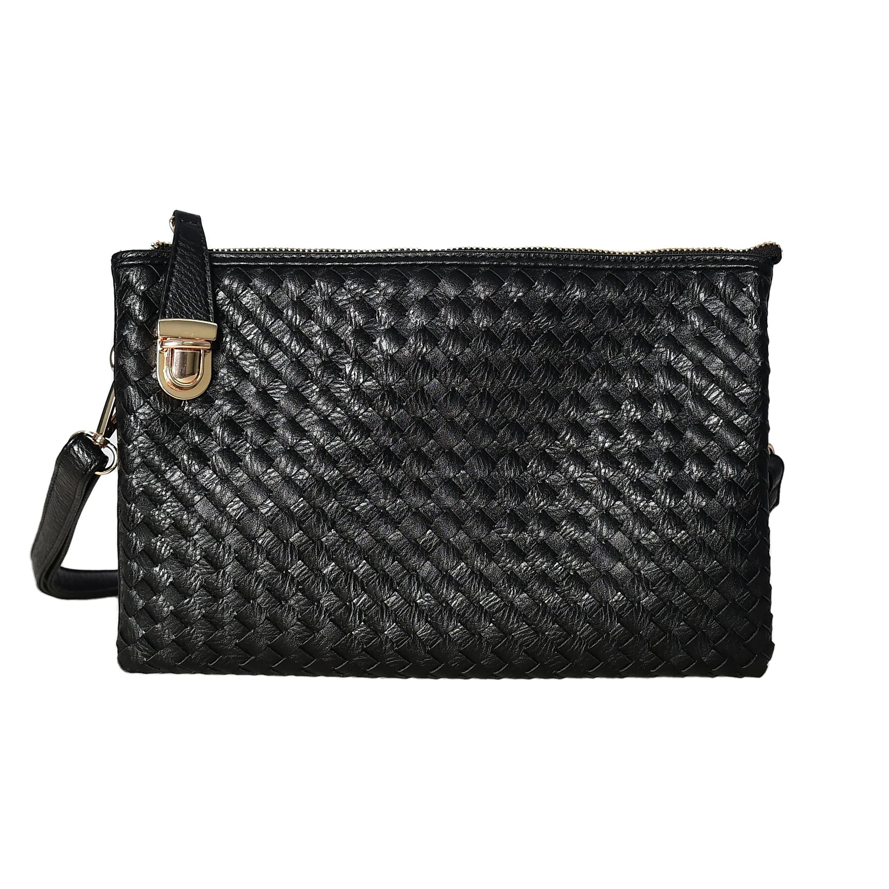 Black Woven Leather Crossbody Clutch with Zip Closure