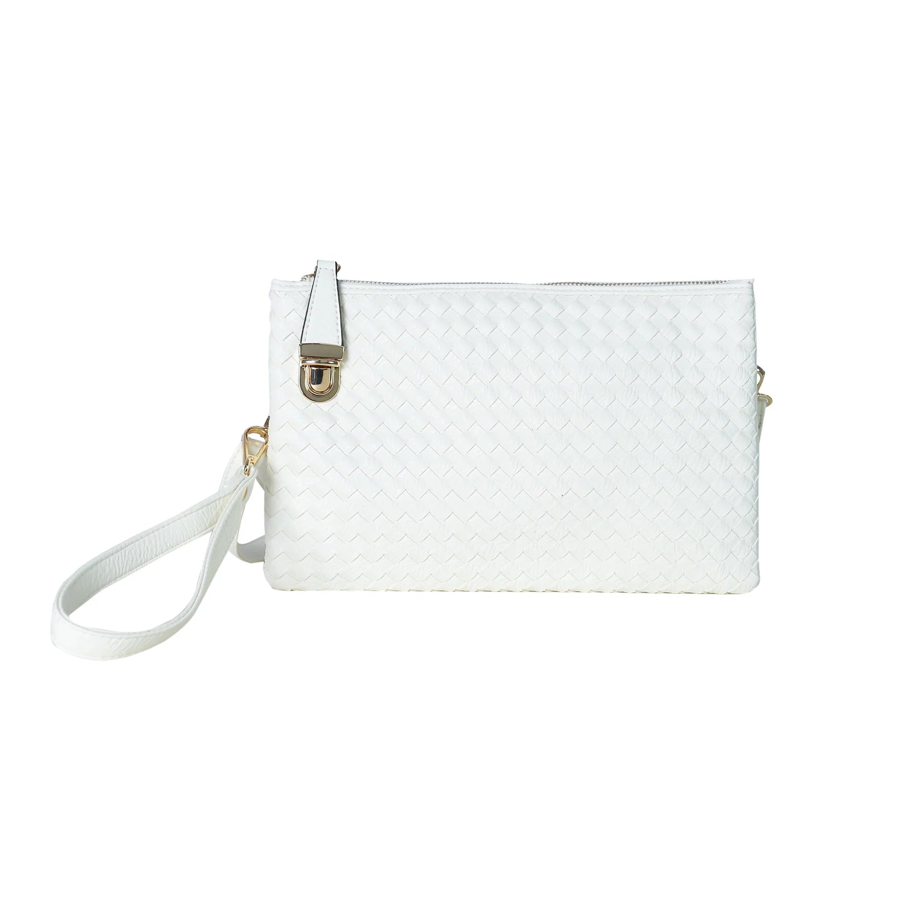 White Handmade Woven Leather Crossbody Clutch with Zip Closure