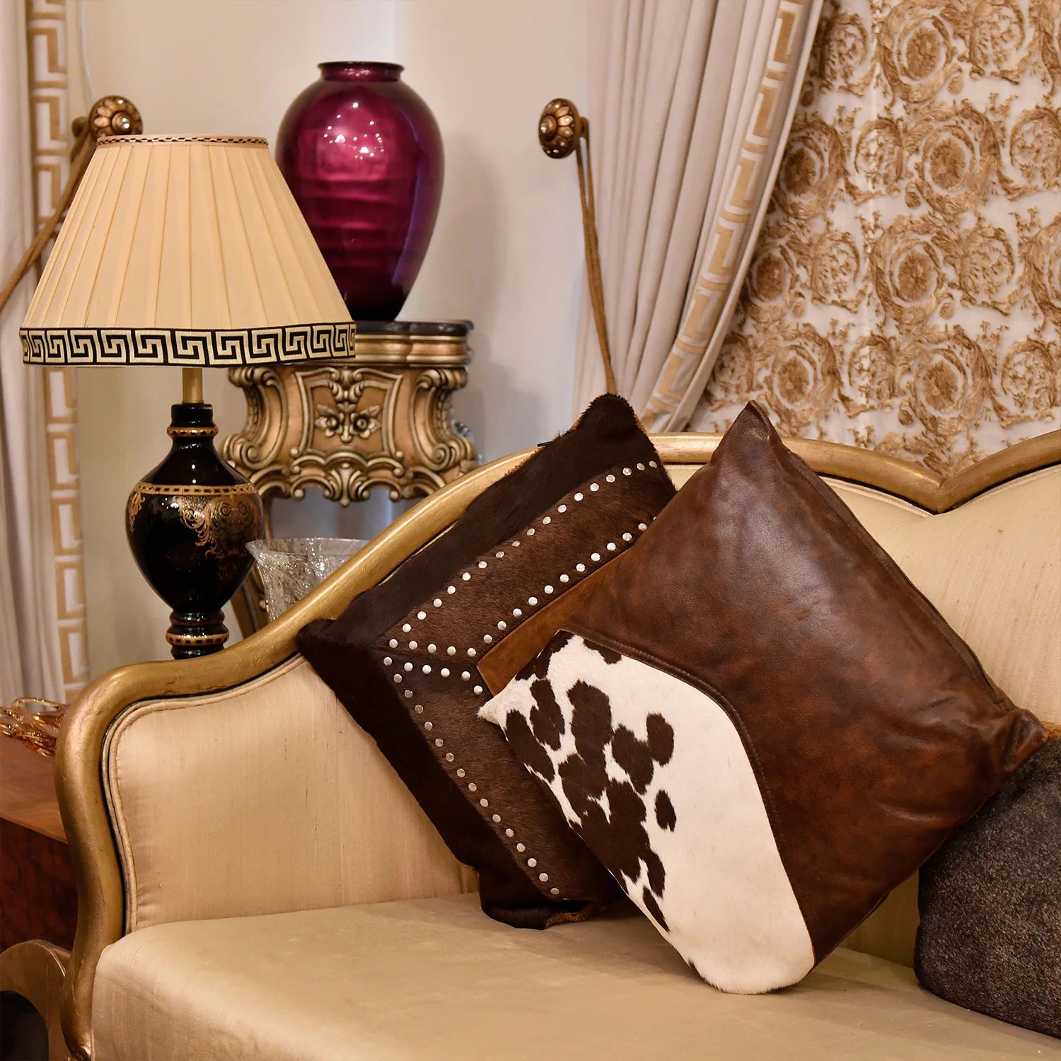 Handmade Genuine Leather Cowhide Cushion – White & Brown