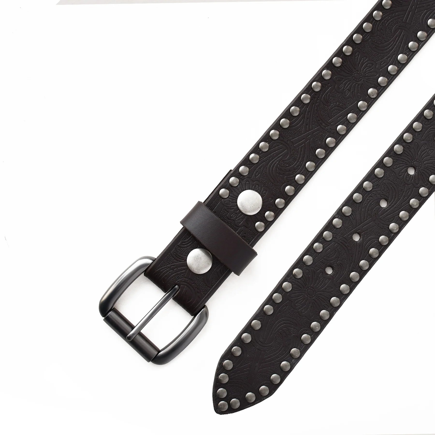 Dark Brown Genuine Leather Studded Belt – Embossed Casual Belt