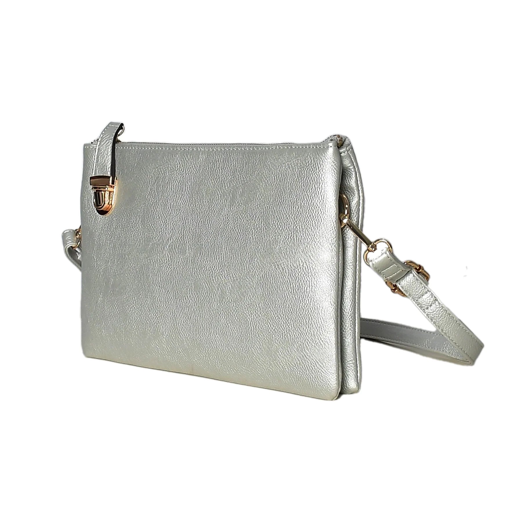 Silver Handmade Metallic Leather Crossbody Clutch with Zip Closure